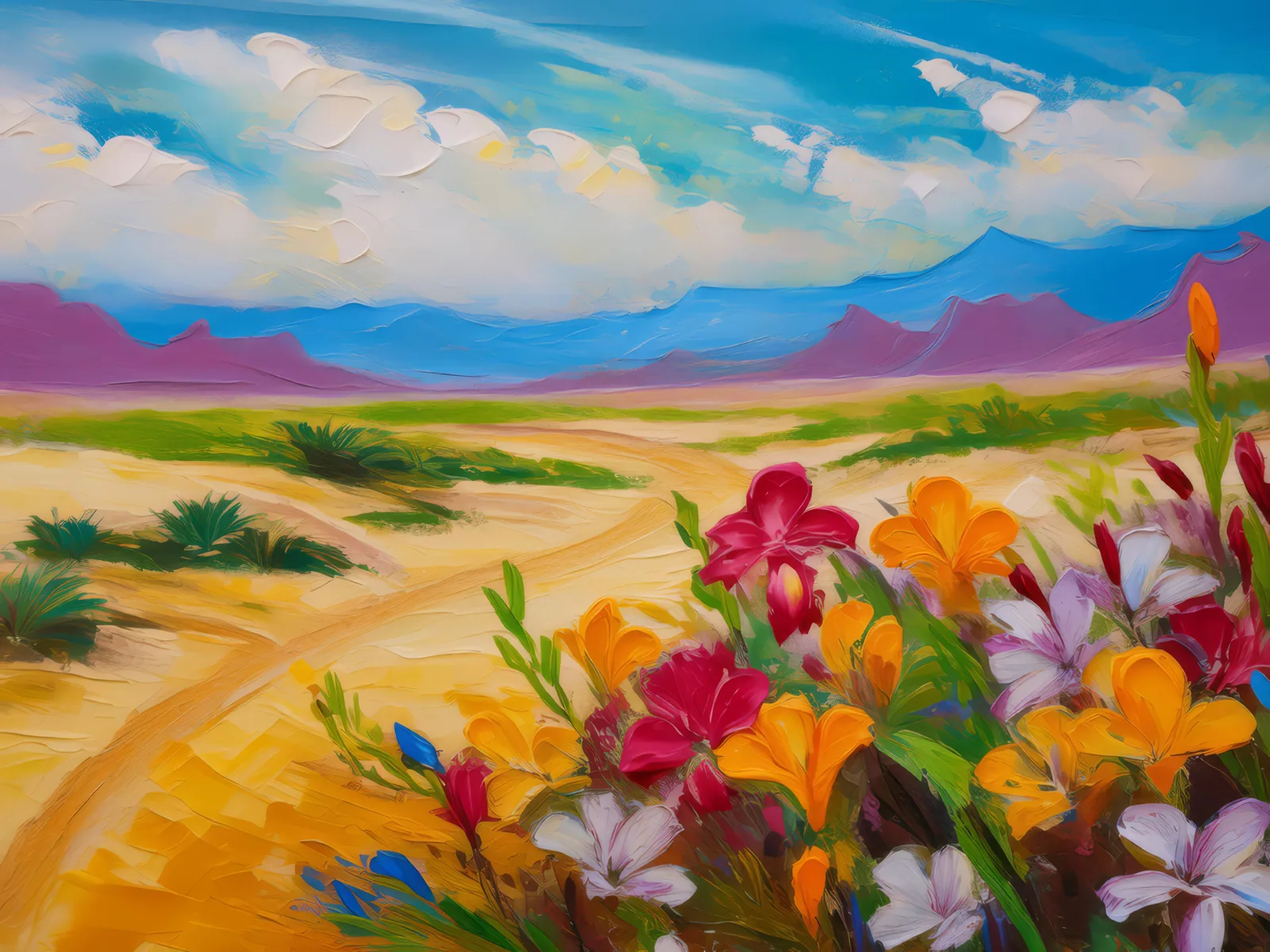 Desert Flowers Bloom, a palette-knife oil landscape by Emma Mickelberg