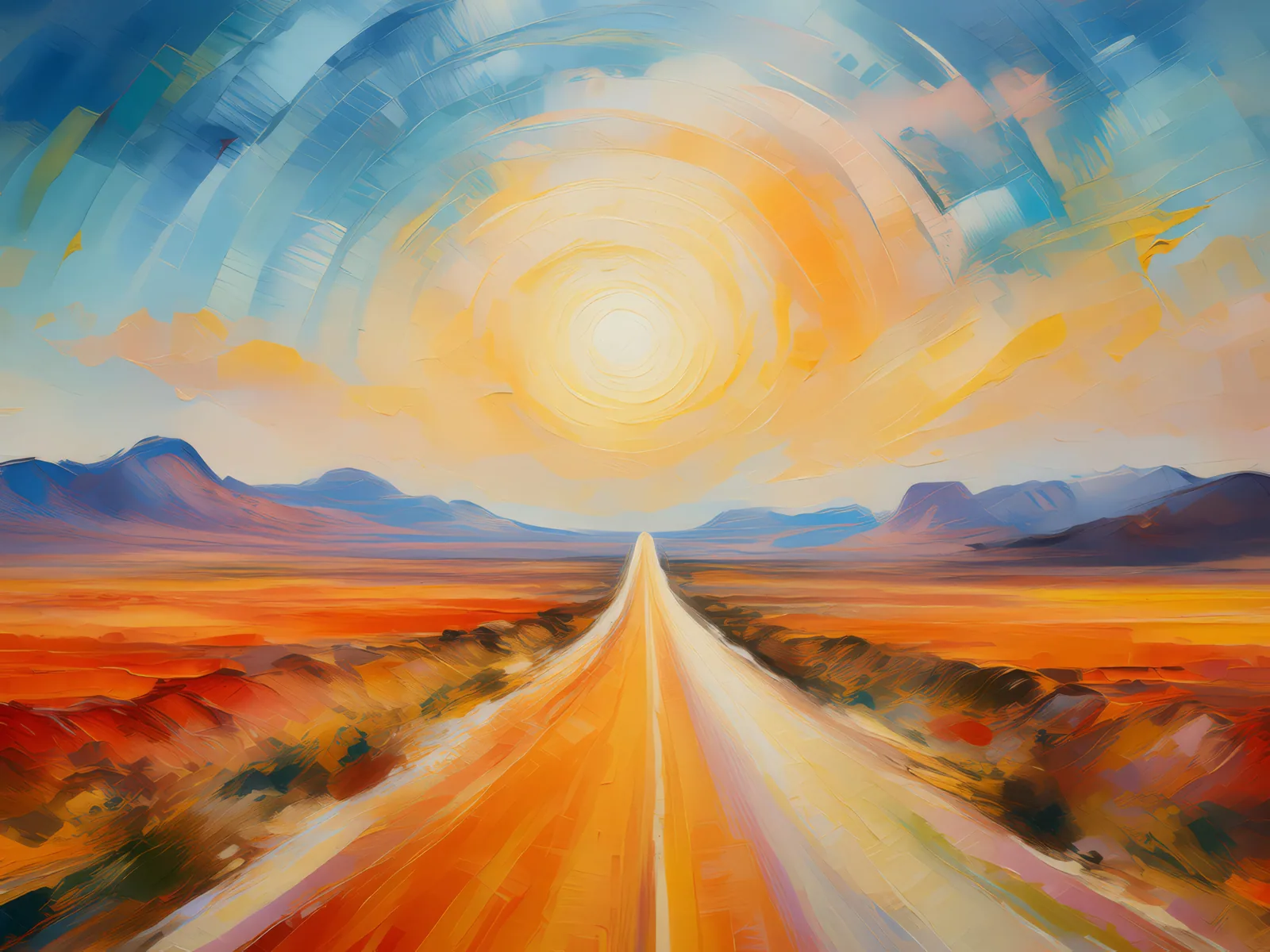 Desert Highway Mirage, a palette-knife oil landscape by Emma Mickelberg
