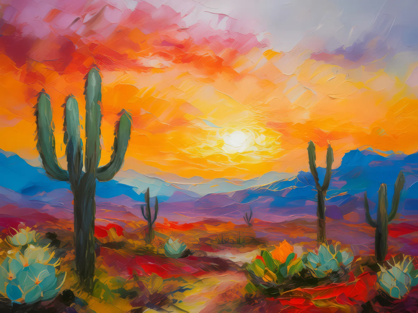 Desert Mirage at Sunset, a palette-knife oil landscape by Emma Mickelberg