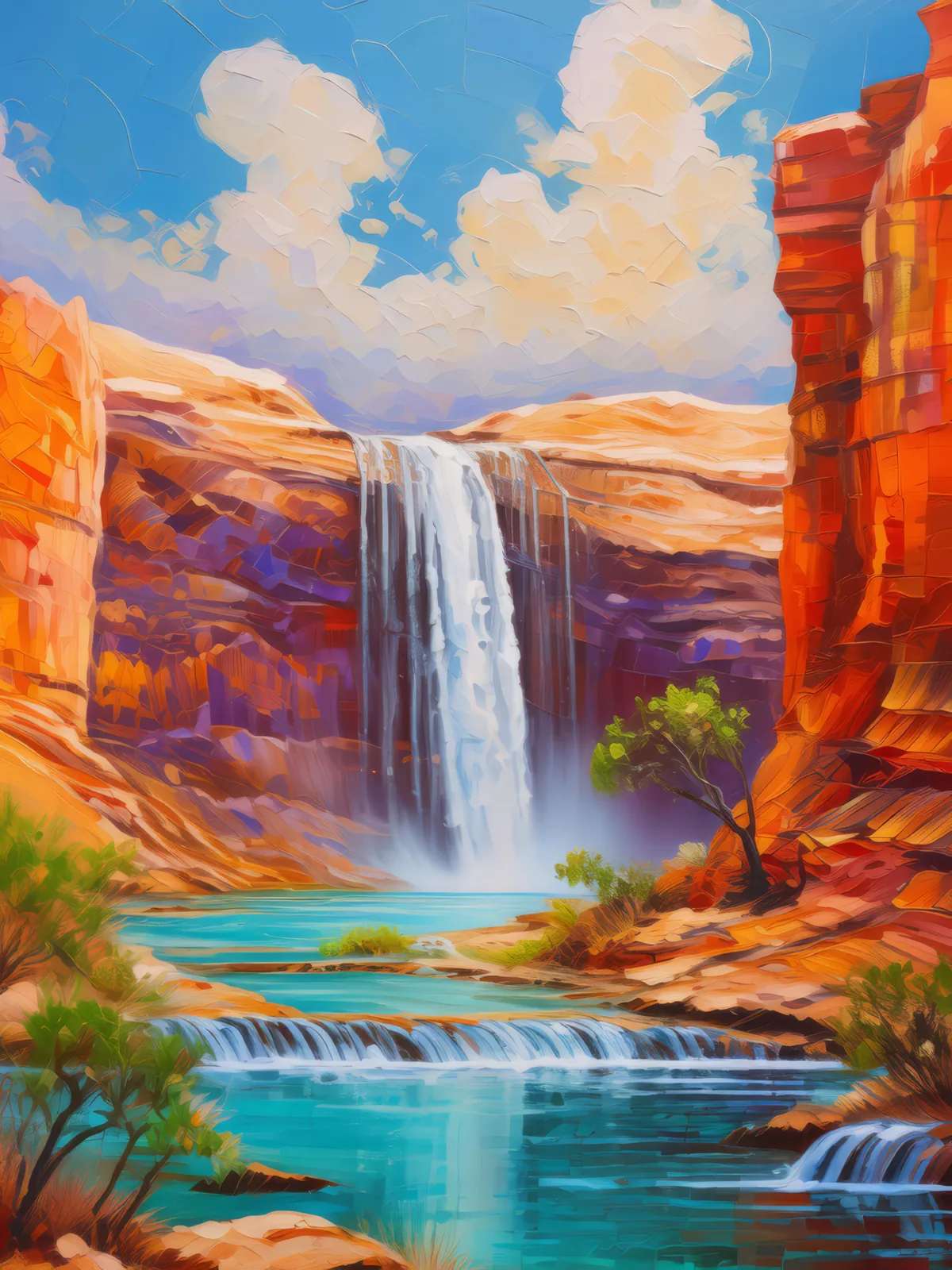 Desert Mirage Waterfall, a palette-knife oil landscape by Emma Mickelberg