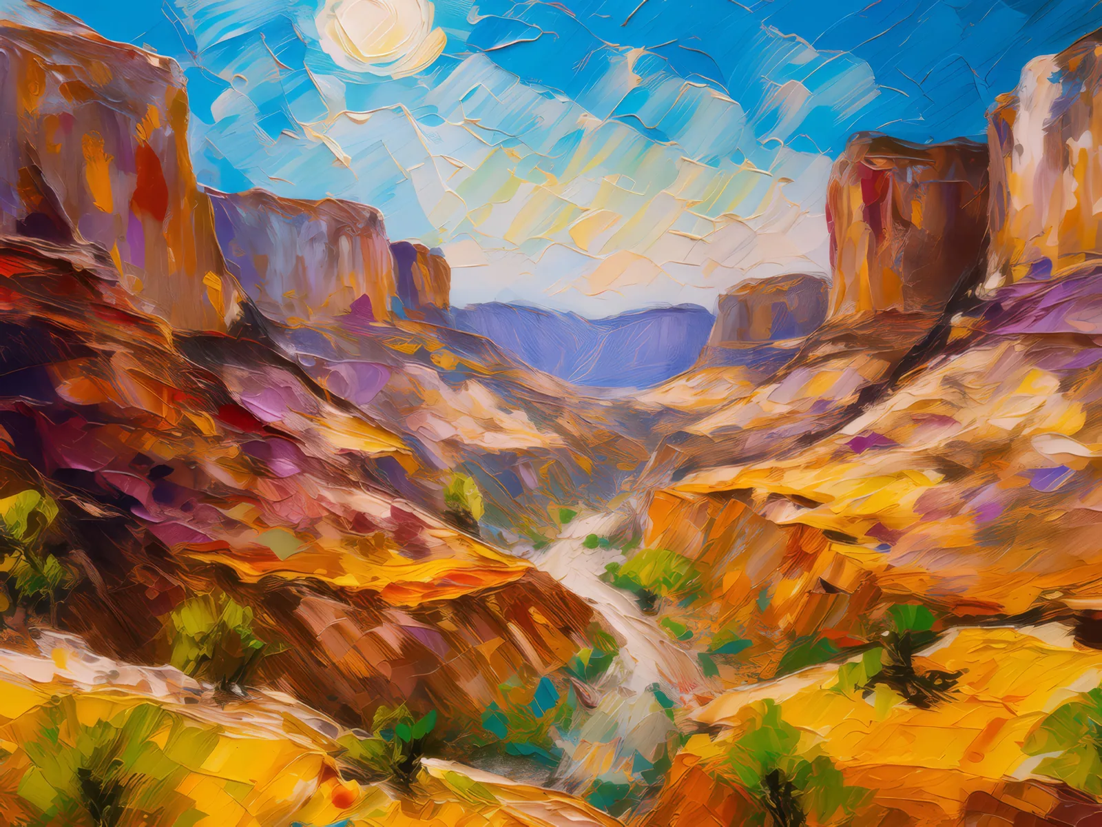 Desert Mountain Canyon, a palette-knife oil landscape by Emma Mickelberg