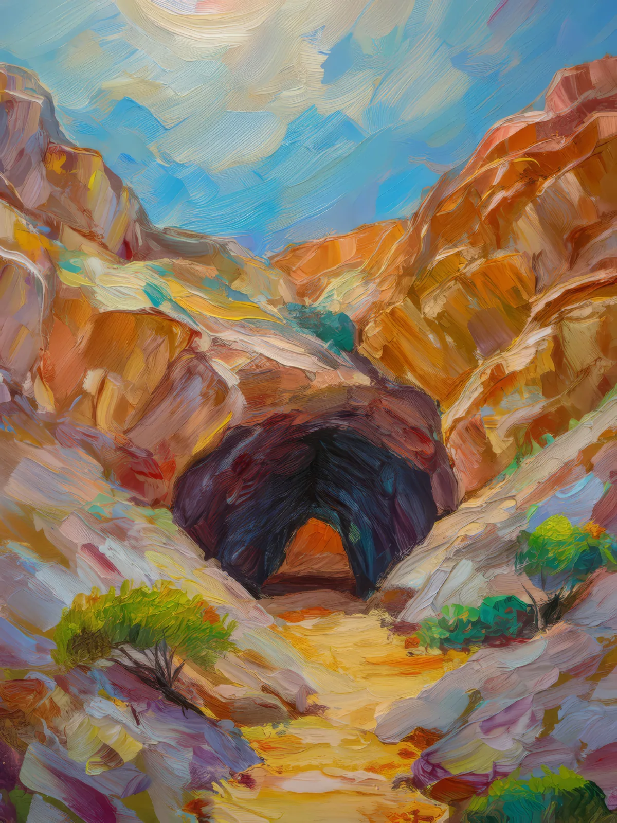 Desert Mountain Cave, a palette-knife oil landscape by Emma Mickelberg