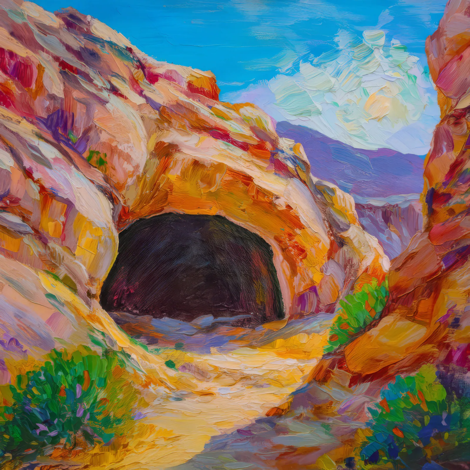 Desert Mountain Cavern, a palette-knife oil landscape by Emma Mickelberg