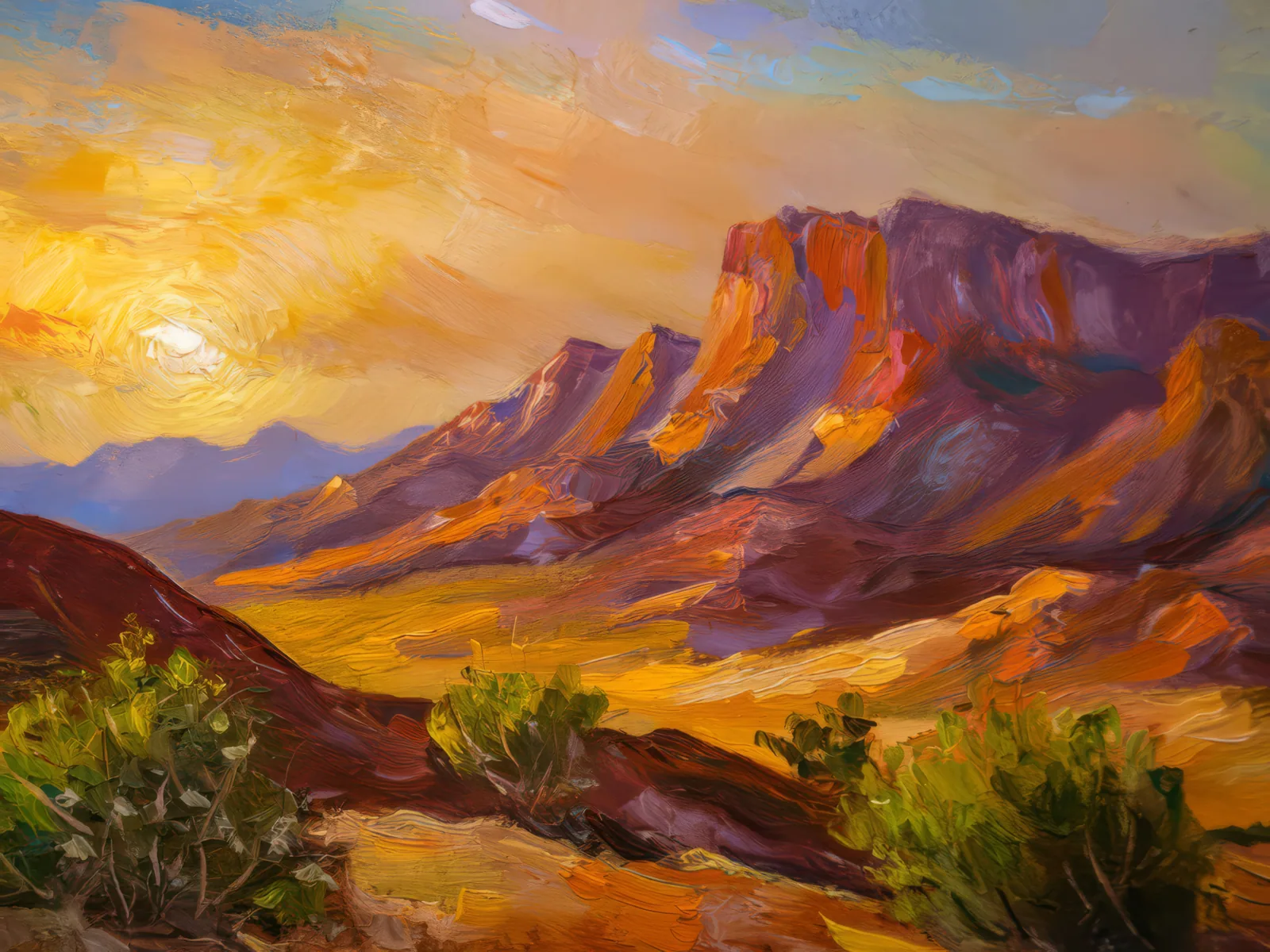 Desert Mountain Dawn, a palette-knife oil landscape by Emma Mickelberg