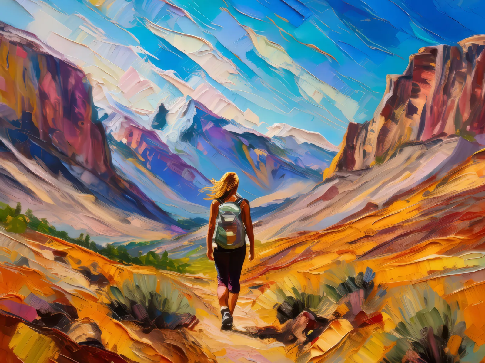 Desert Mountain Hike, a palette-knife oil landscape by Emma Mickelberg