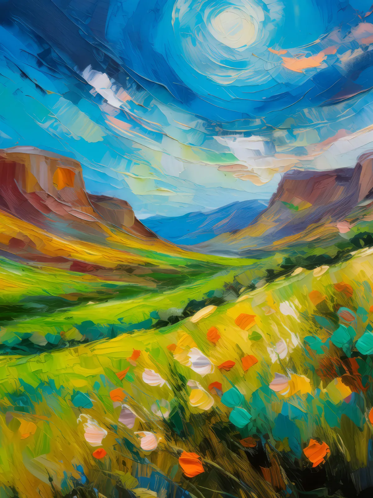 Desert Mountain Meadow, a palette-knife oil landscape by Emma Mickelberg