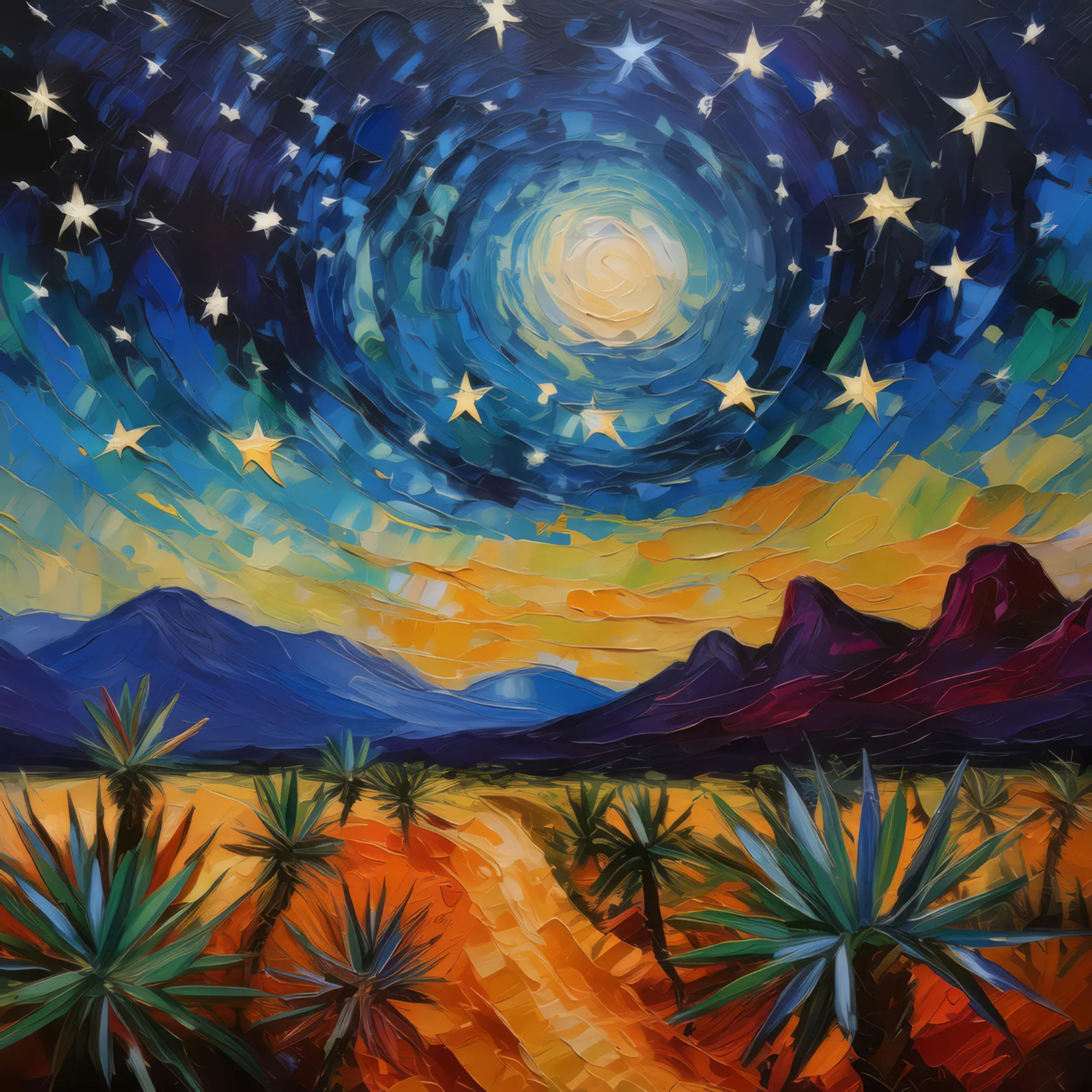 Desert Mountain Night, a palette-knife oil landscape by Emma Mickelberg