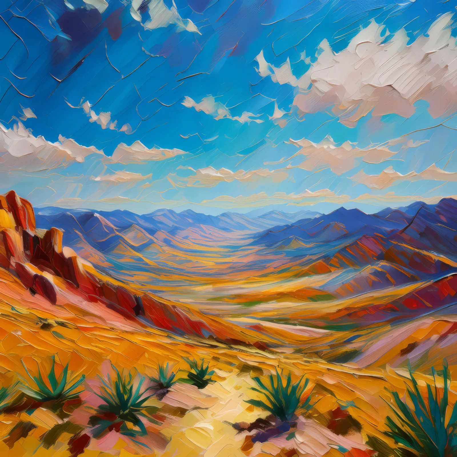 Desert Mountain Panorama, a palette-knife oil landscape by Emma Mickelberg