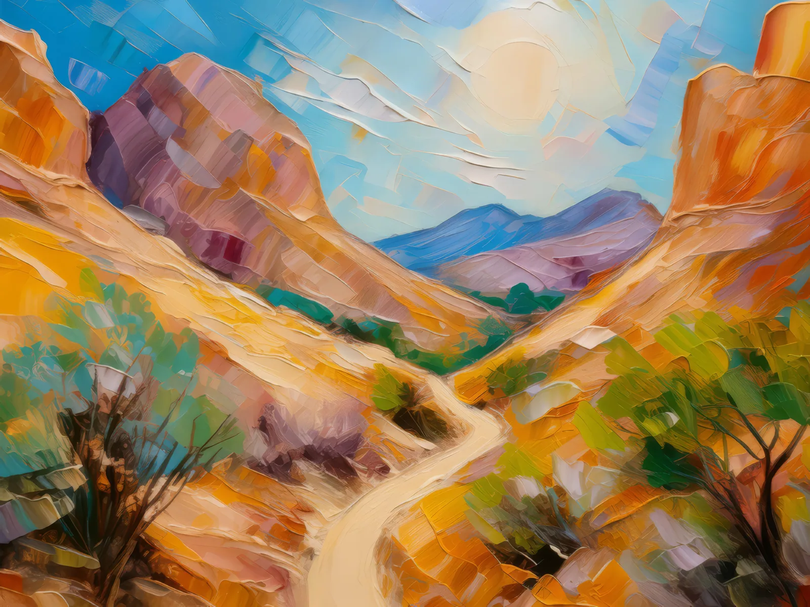 Desert Mountain Path, a palette-knife oil landscape by Emma Mickelberg