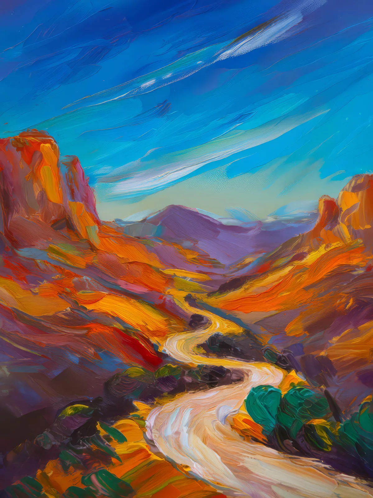 Desert Mountain Road, a palette-knife oil landscape by Emma Mickelberg