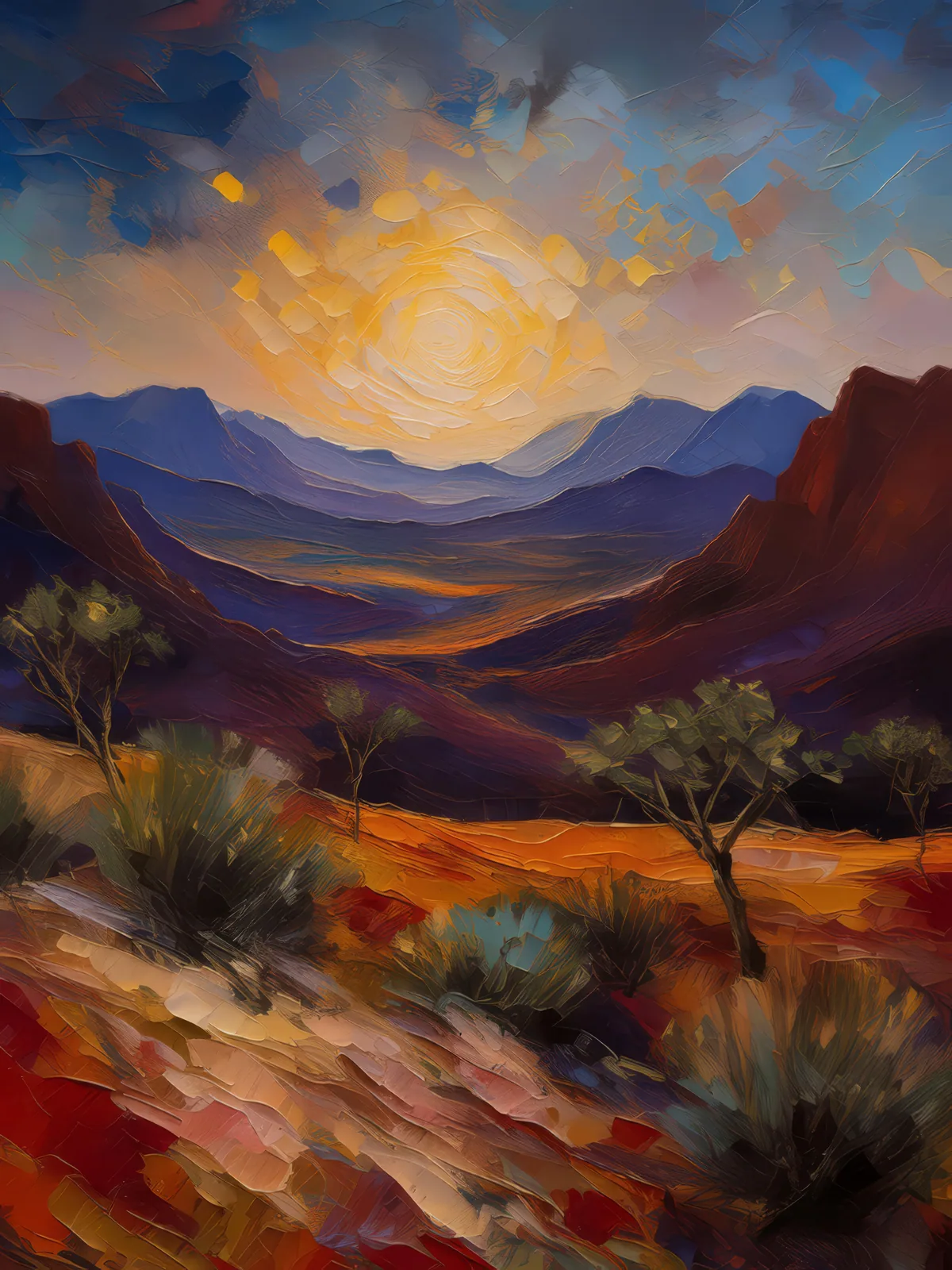 Desert Mountain Shadows, a palette-knife oil landscape by Emma Mickelberg