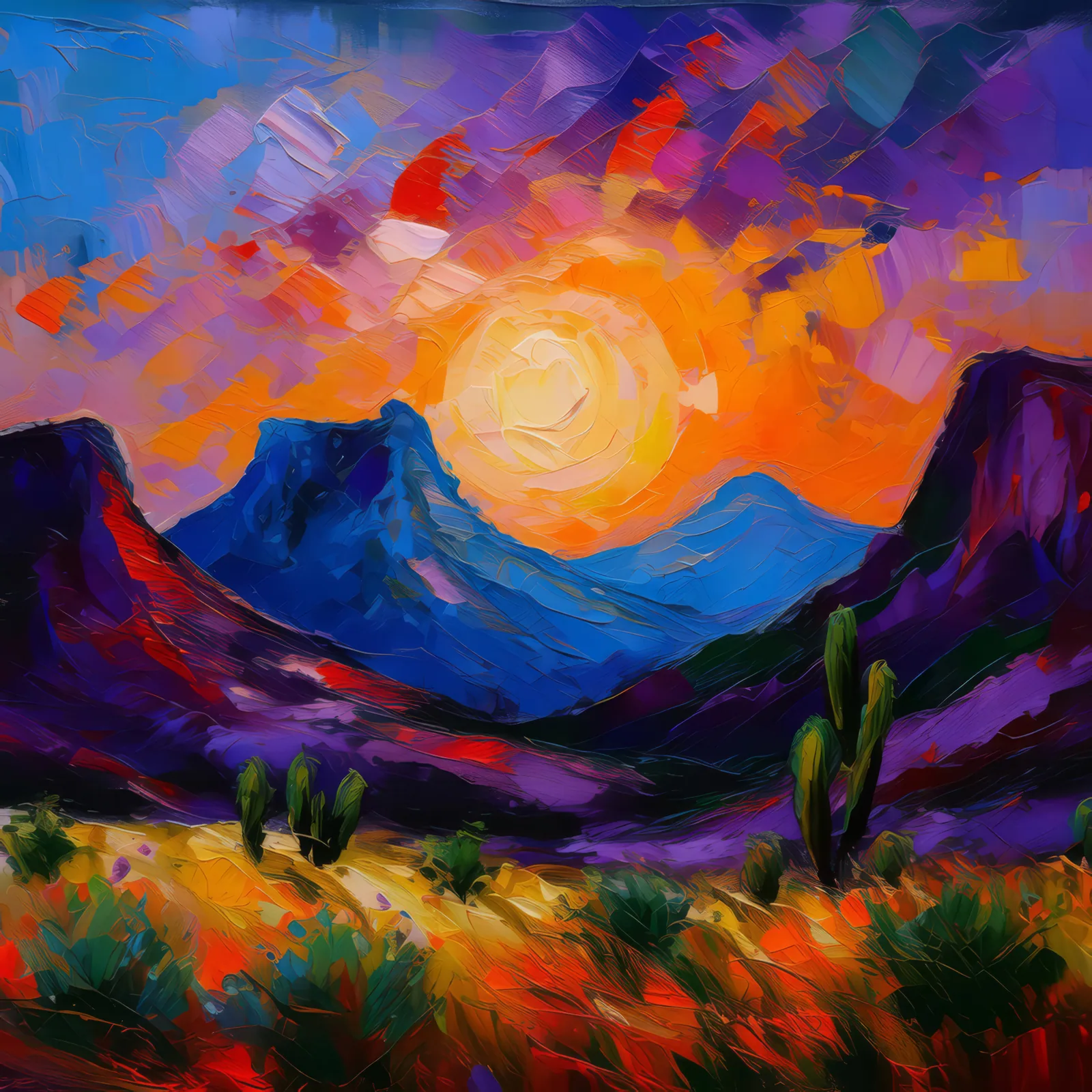 Desert Mountain Silhouette, a palette-knife oil landscape by Emma Mickelberg