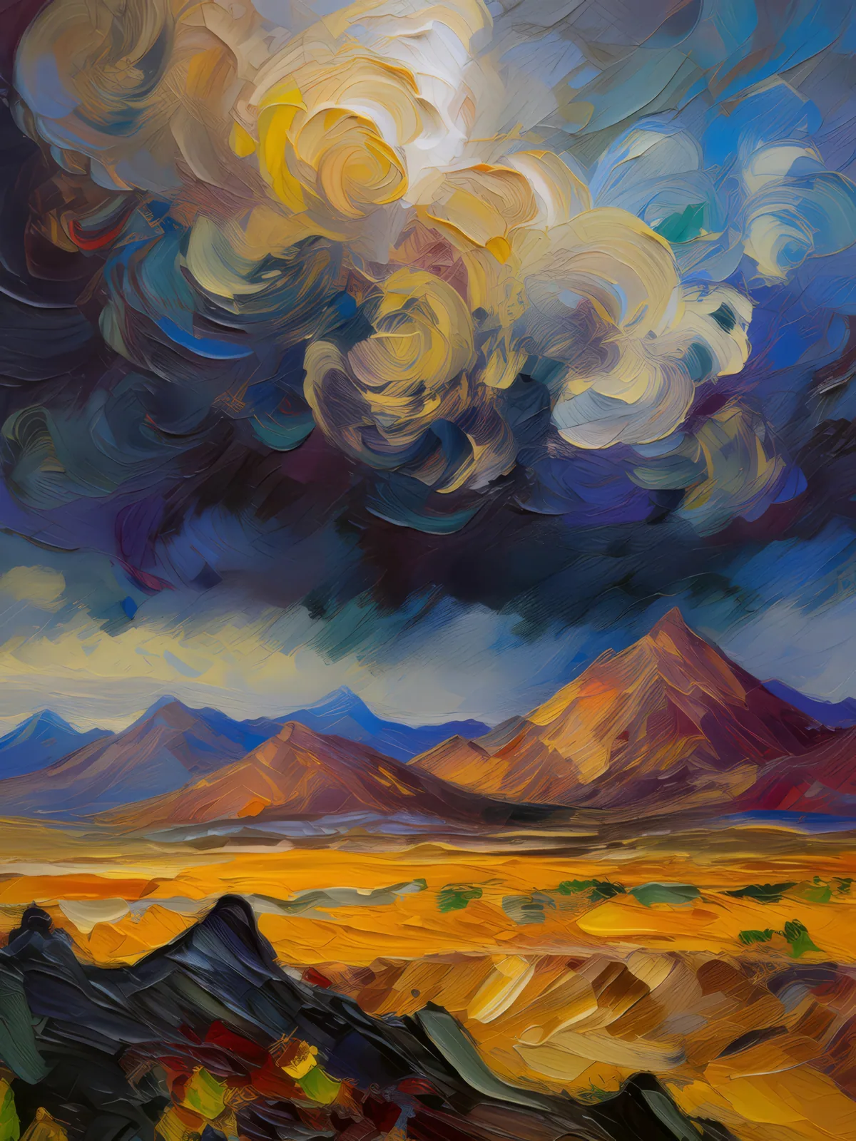 Desert Mountain Storm, a palette-knife oil landscape by Emma Mickelberg