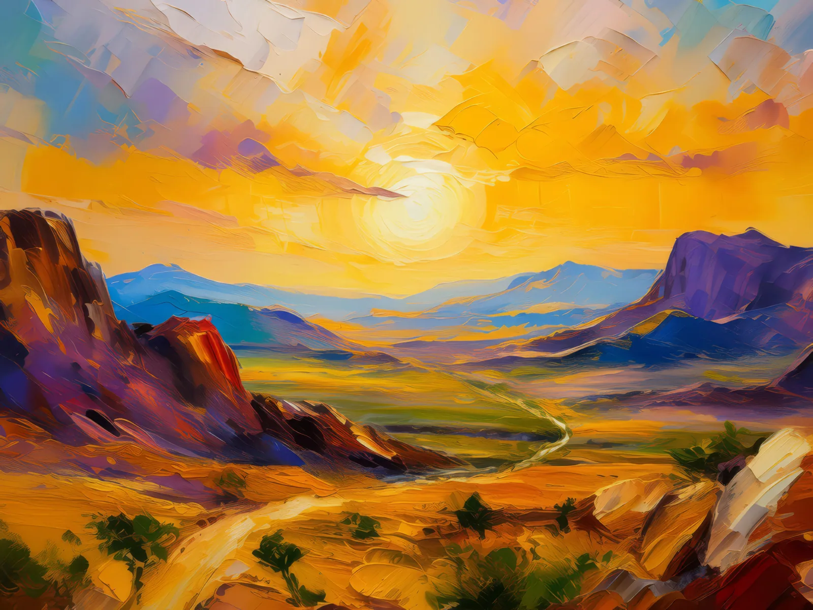 Desert Mountain Sunrise, a palette-knife oil landscape by Emma Mickelberg