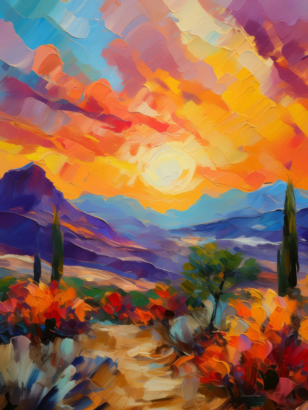 Desert Mountain Sunset, a palette-knife oil landscape by Emma Mickelberg