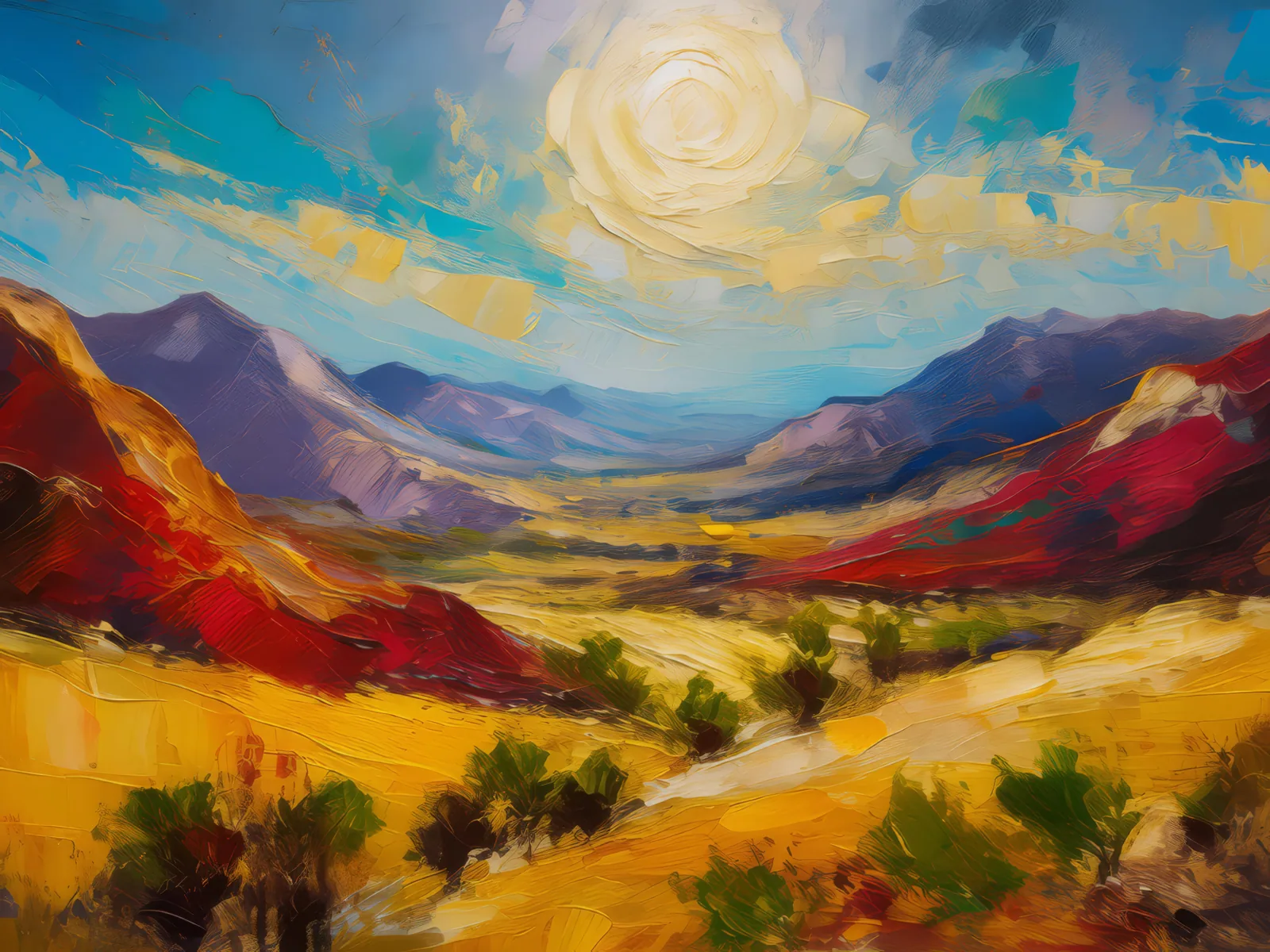 Desert Mountain Valley, a palette-knife oil landscape by Emma Mickelberg
