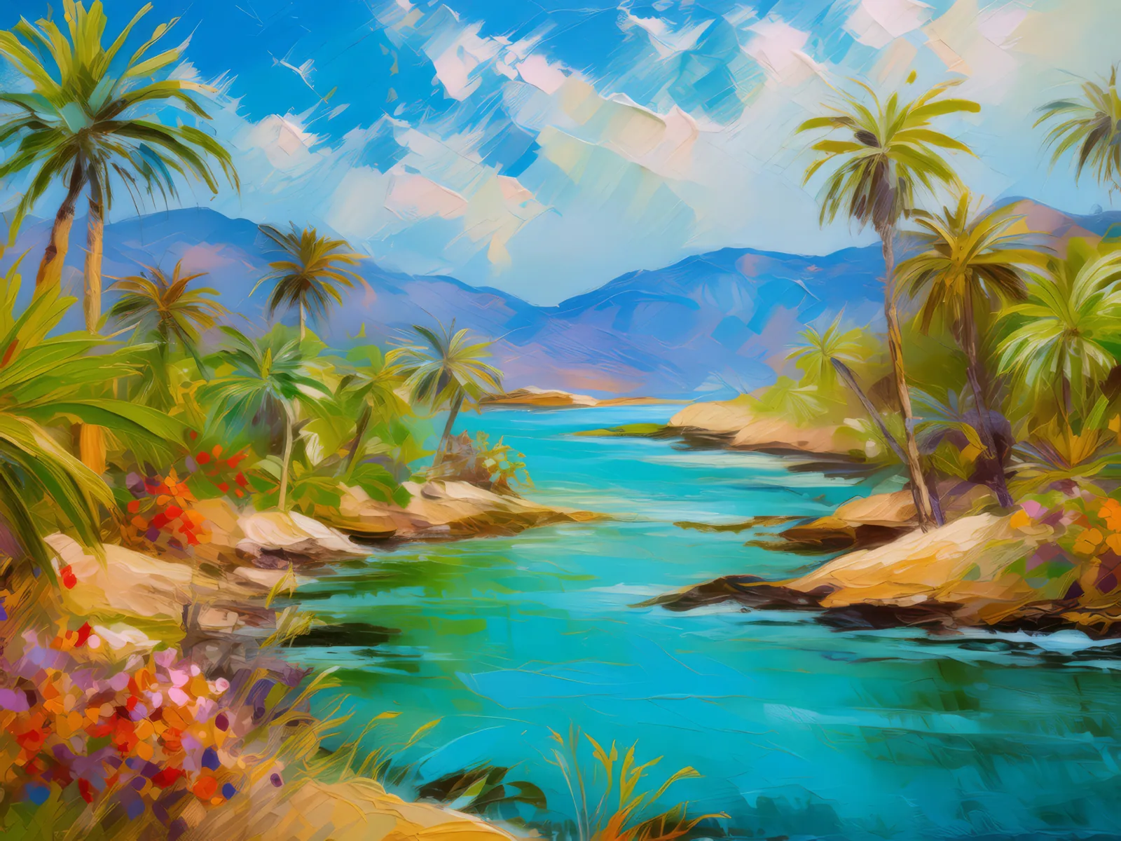 Desert Oasis by the Ocean, a palette-knife oil landscape by Emma Mickelberg
