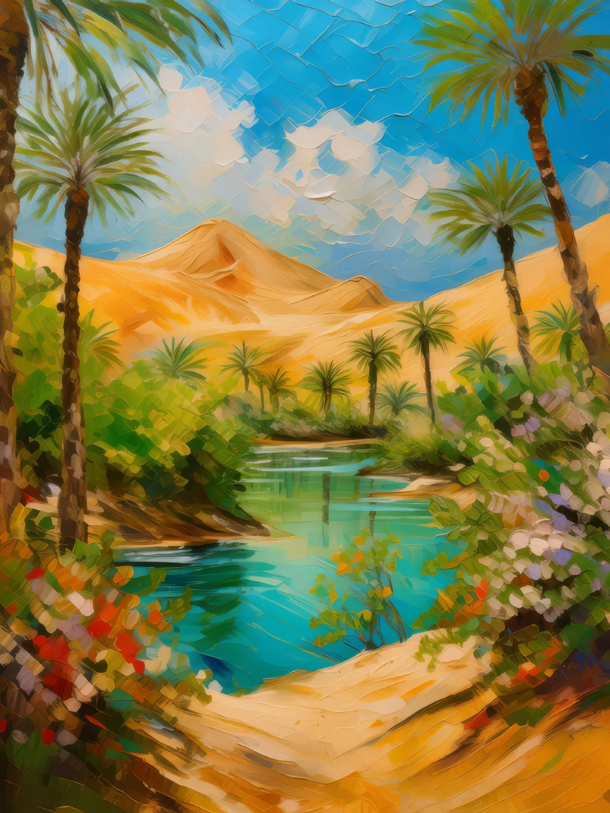 Desert Oasis in Dunes, a palette-knife oil landscape by Emma Mickelberg