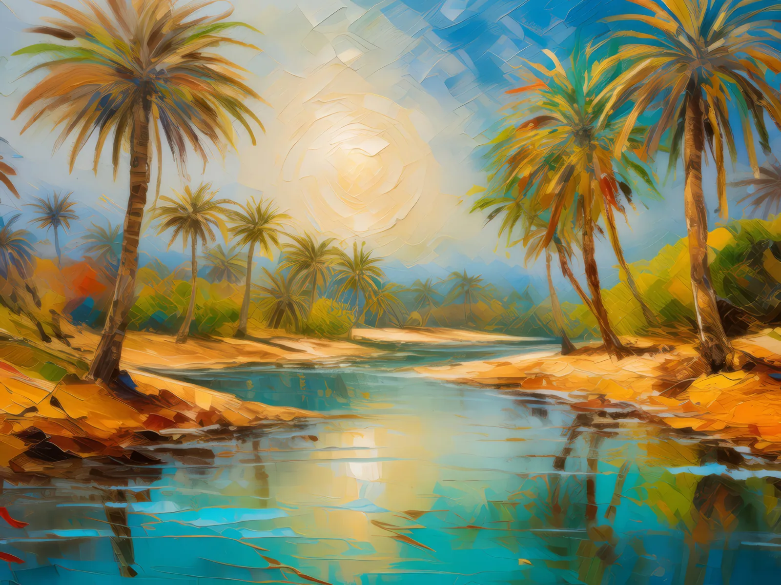 Desert Oasis Mirage, a palette-knife oil landscape by Emma Mickelberg