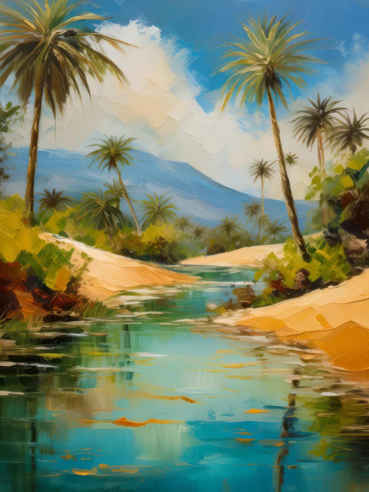 Desert Oasis Paradise, a palette-knife oil landscape by Emma Mickelberg