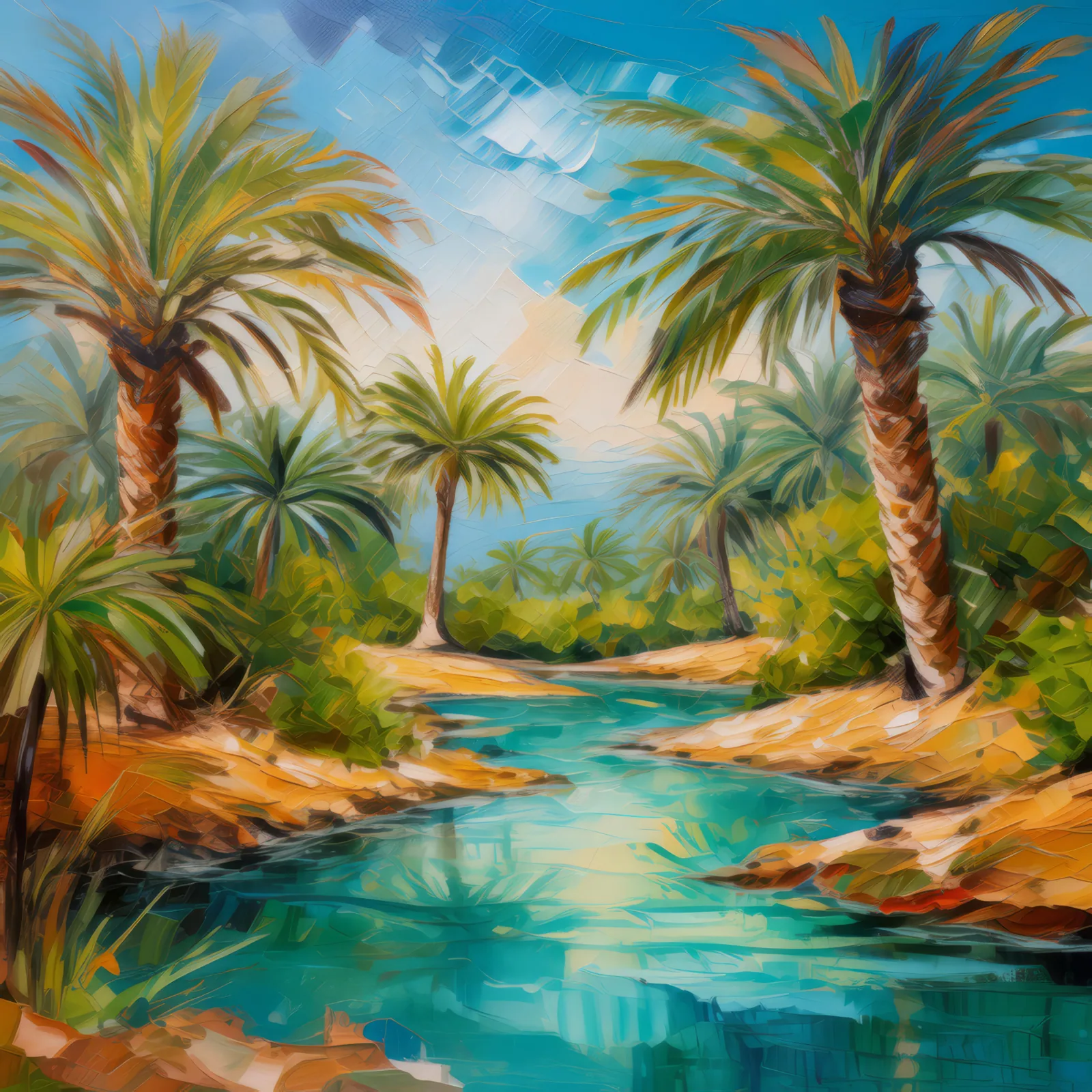 Desert Oasis Refuge, a palette-knife oil landscape by Emma Mickelberg