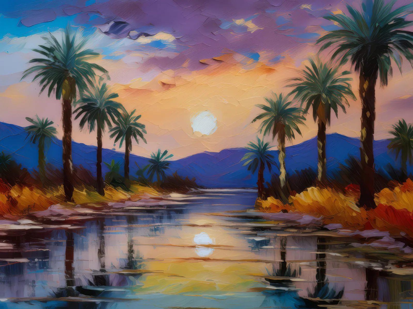 Desert Oasis Twilight, a palette-knife oil landscape by Emma Mickelberg