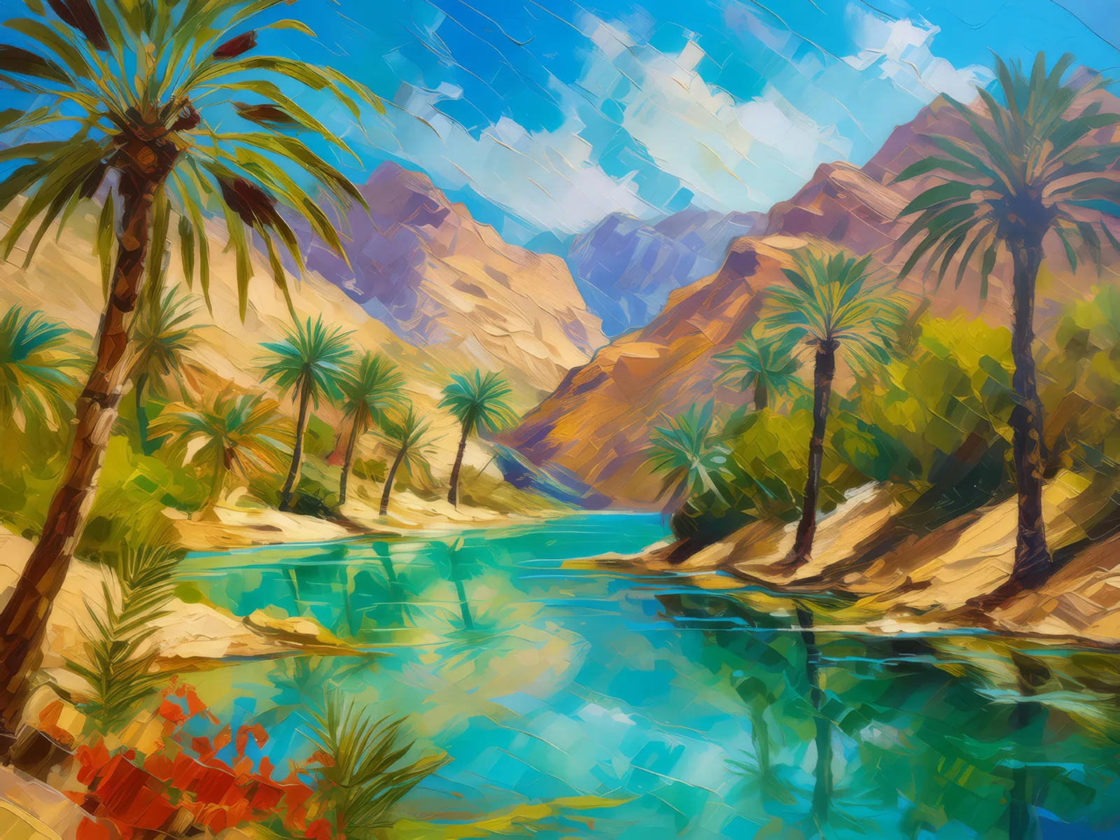 Desert Oasis, a palette-knife oil landscape by Emma Mickelberg