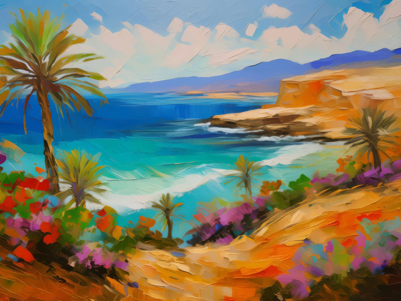 Desert Ocean Biome Collision, a palette-knife oil landscape by Emma Mickelberg