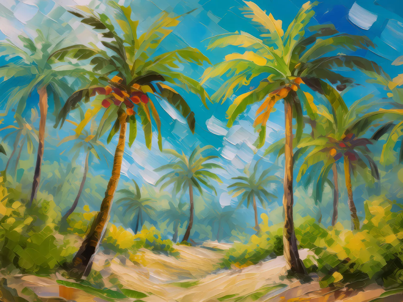 Desert Palm Grove, a palette-knife oil landscape by Emma Mickelberg