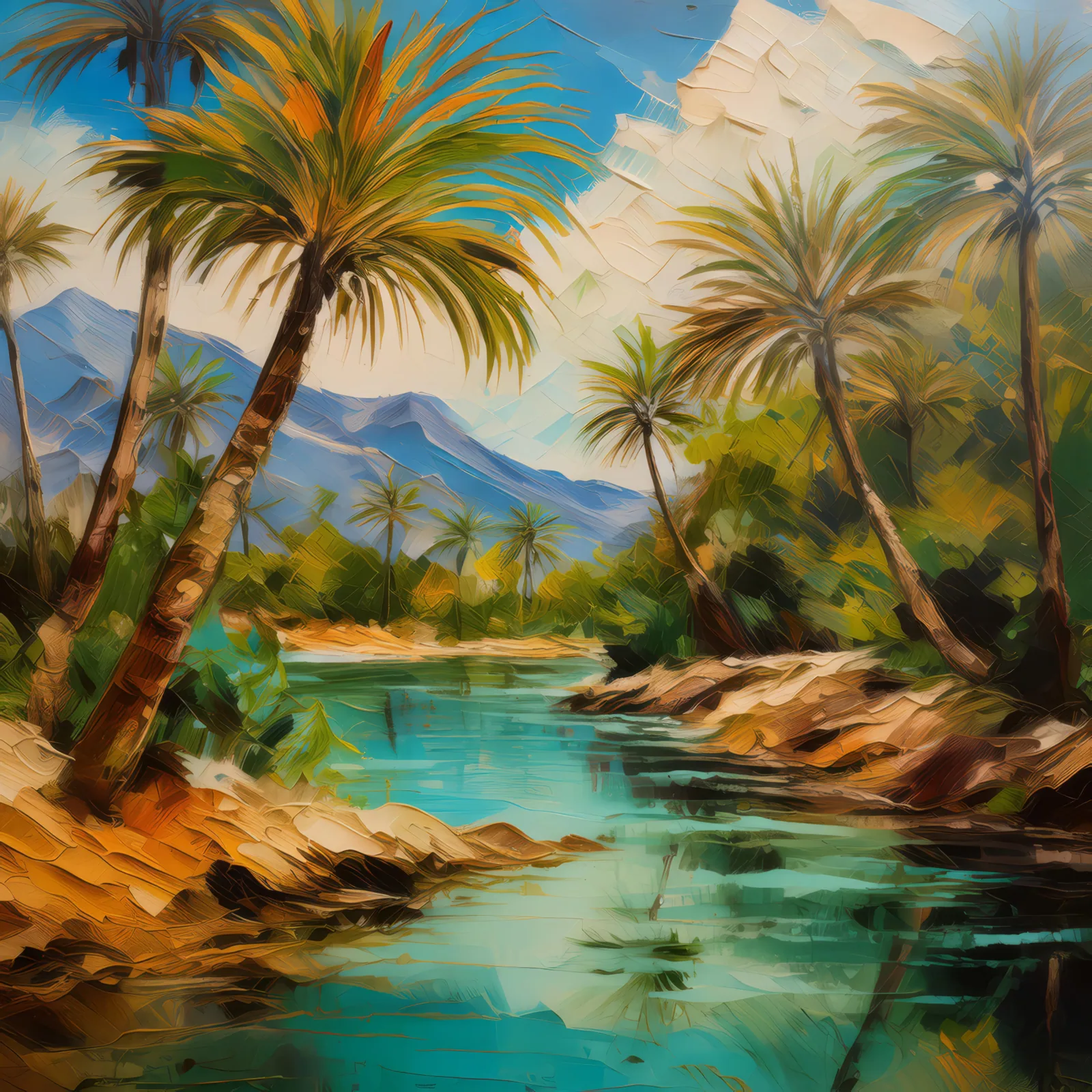 Desert Palm Oasis, a palette-knife oil landscape by Emma Mickelberg