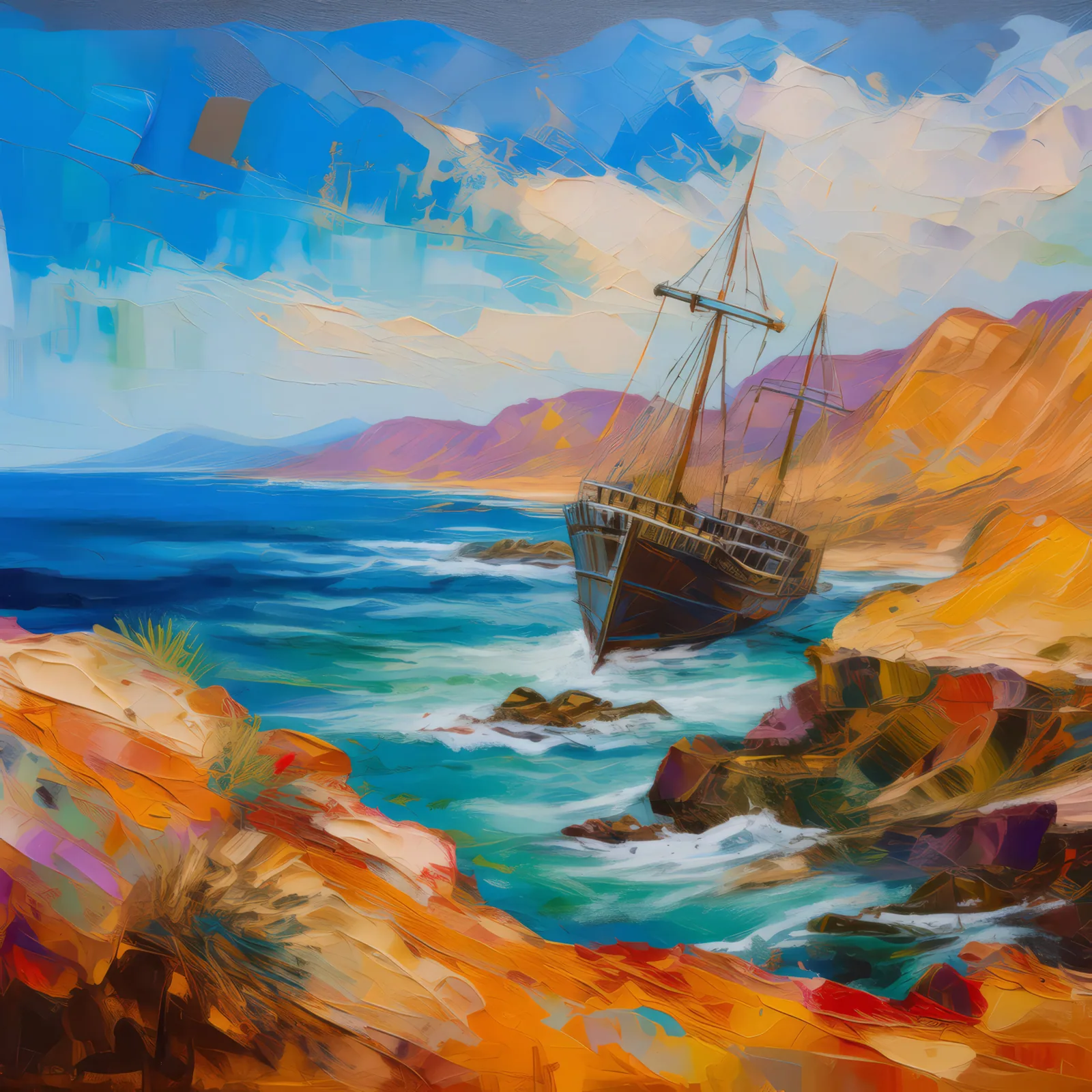 Desert Shipwrecks by the Ocean, a palette-knife oil landscape by Emma Mickelberg