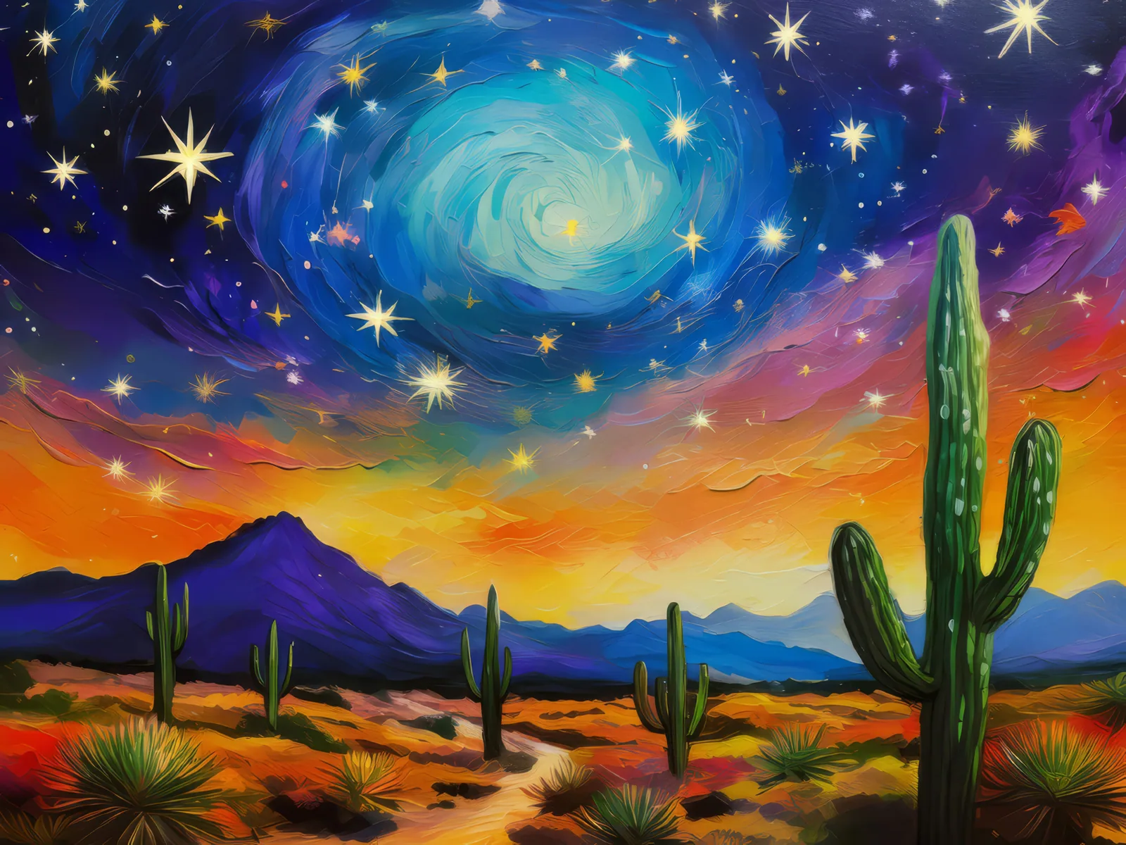 Desert Starry Night, a palette-knife oil landscape by Emma Mickelberg
