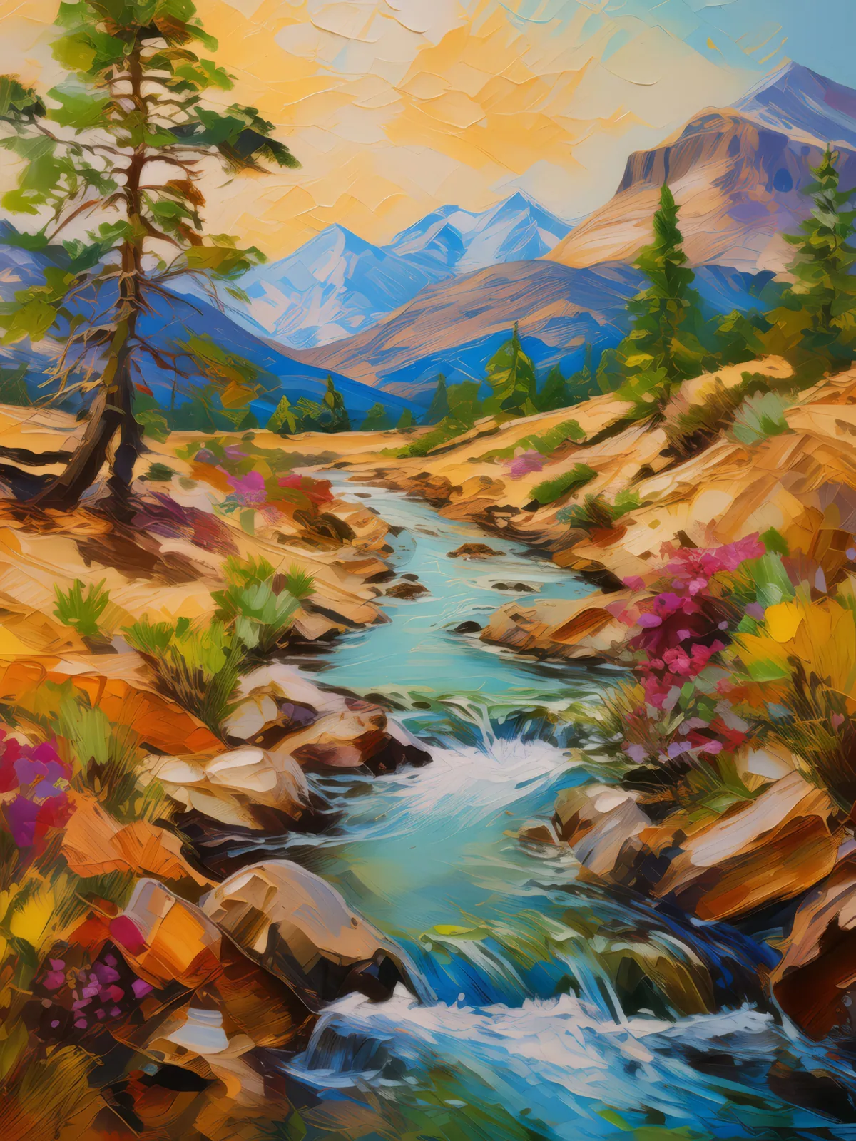 Desert Stream Alpine Wonder, a palette-knife oil landscape by Emma Mickelberg