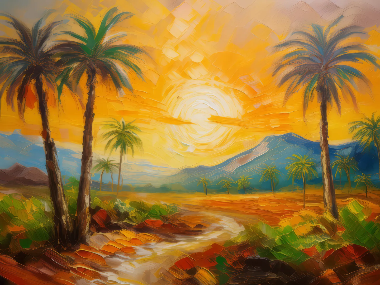 Desert Sunrise Scene, a palette-knife oil landscape by Emma Mickelberg