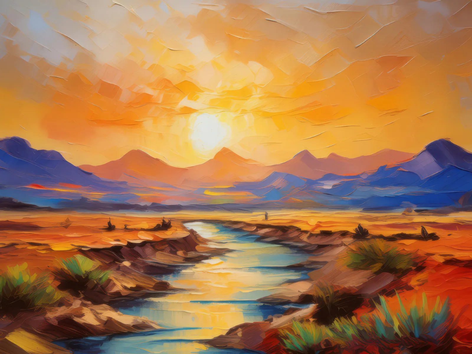 Desert Sunset Mirage, a palette-knife oil landscape by Emma Mickelberg