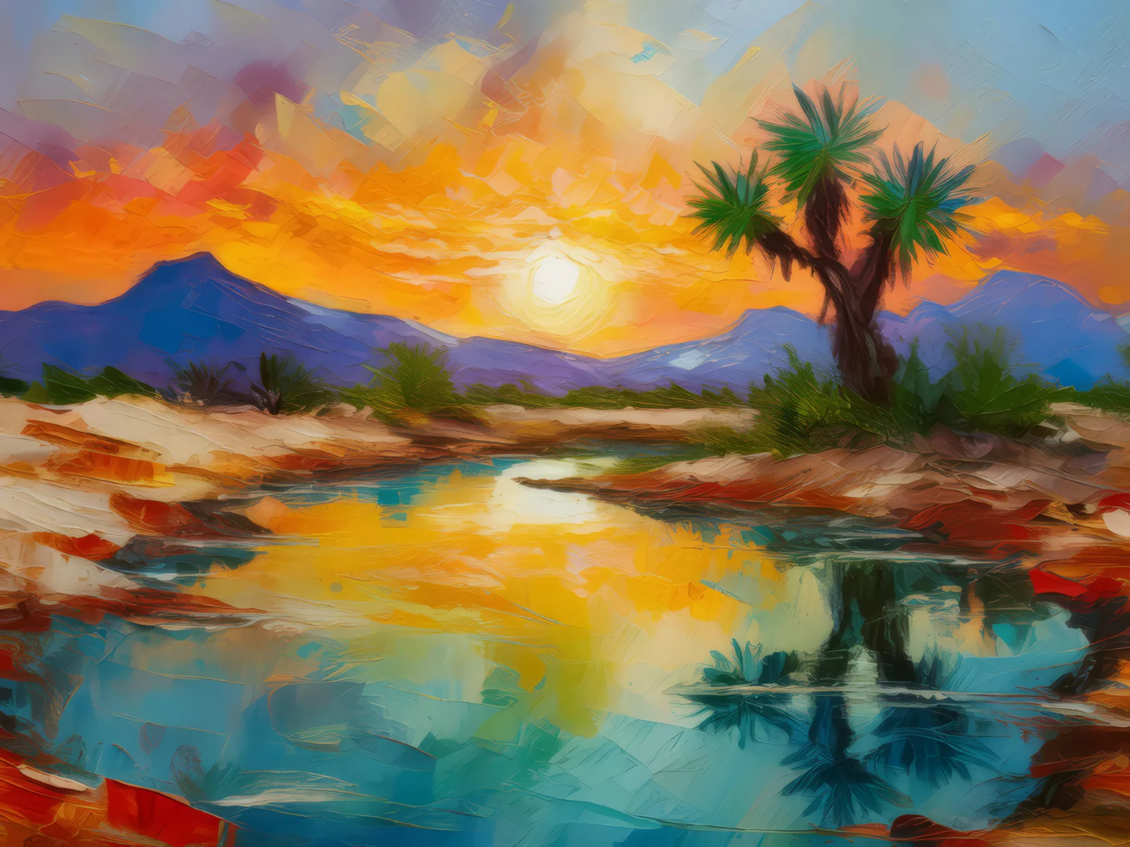 Desert Sunset Reflection, a palette-knife oil landscape by Emma Mickelberg