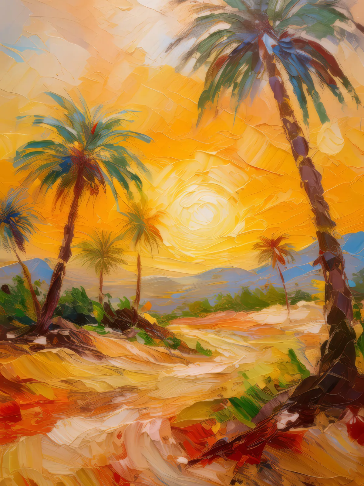 Desert Sunset Splendor, a palette-knife oil landscape by Emma Mickelberg