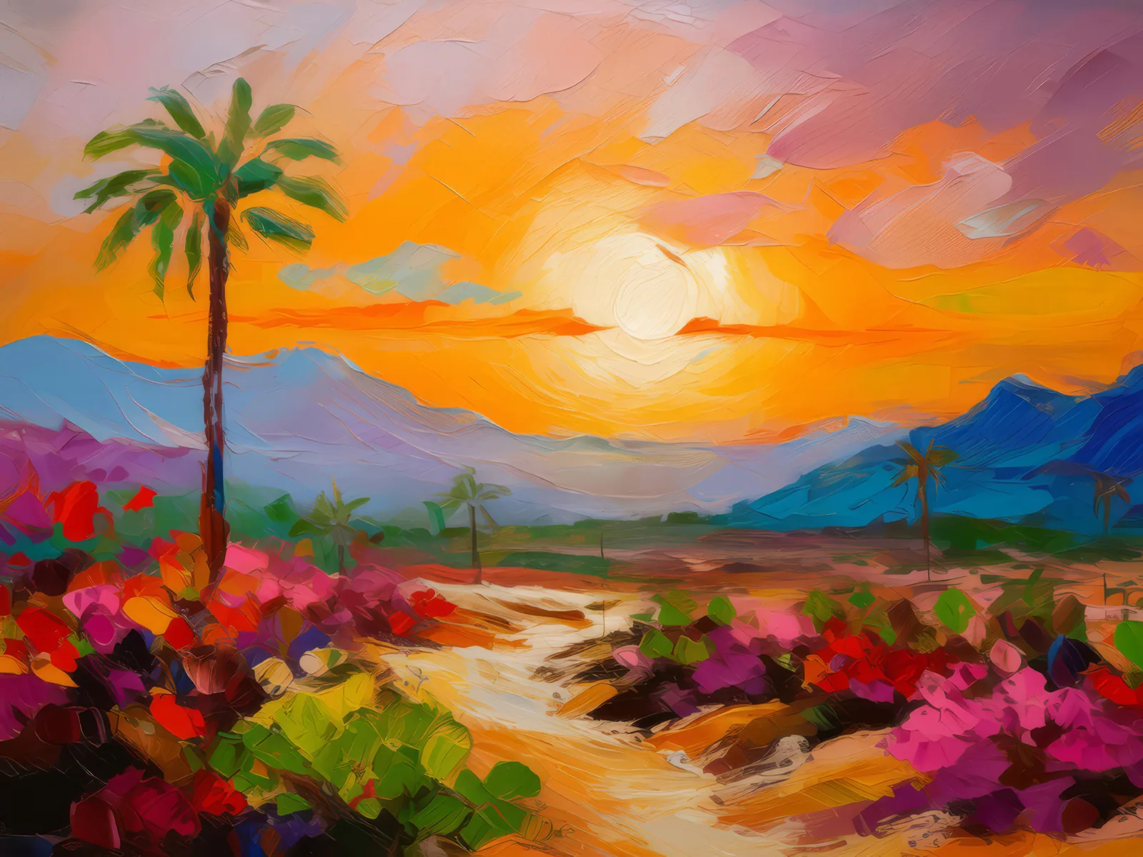 Desert Sunset, a palette-knife oil landscape by Emma Mickelberg