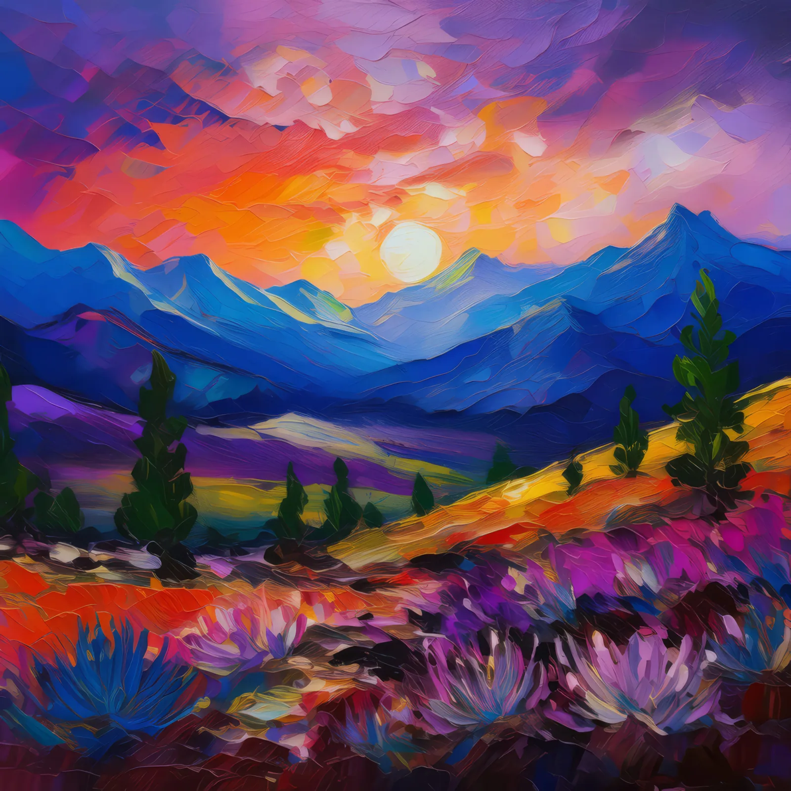 Desert Twilight Alpine Views, a palette-knife oil landscape by Emma Mickelberg
