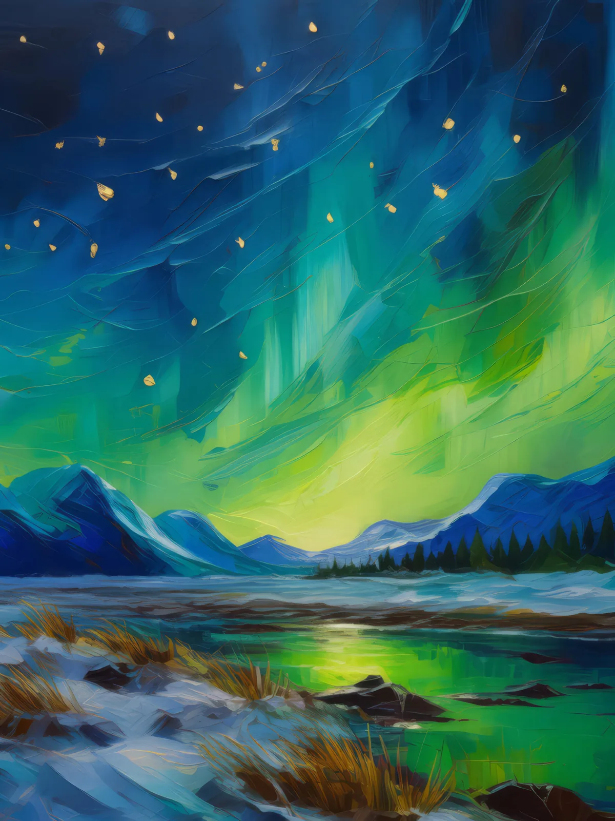 Desert Under Auroral Skies, a palette-knife oil landscape by Emma Mickelberg