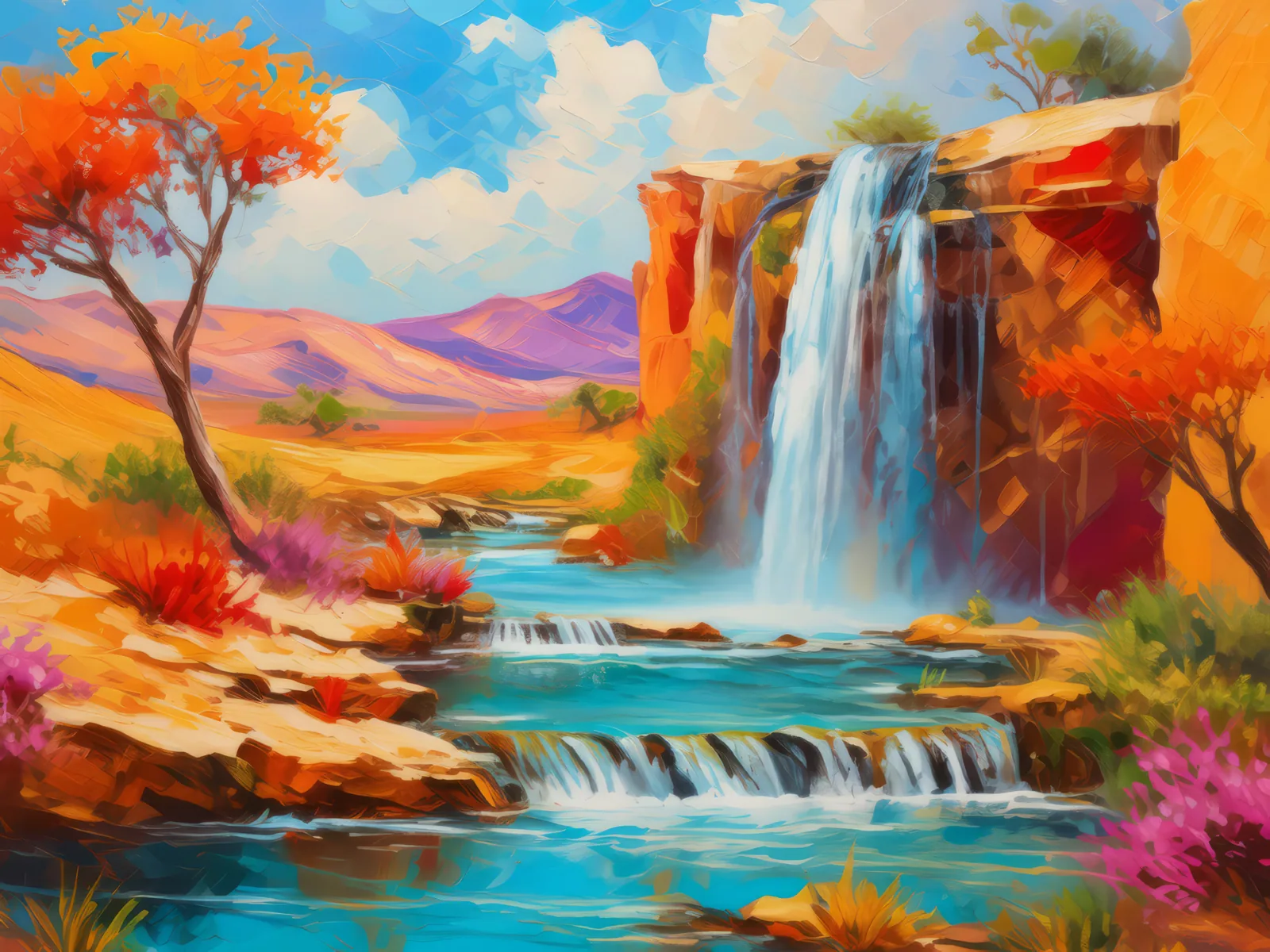 Desert Waterfall Mirage, a palette-knife oil landscape by Emma Mickelberg