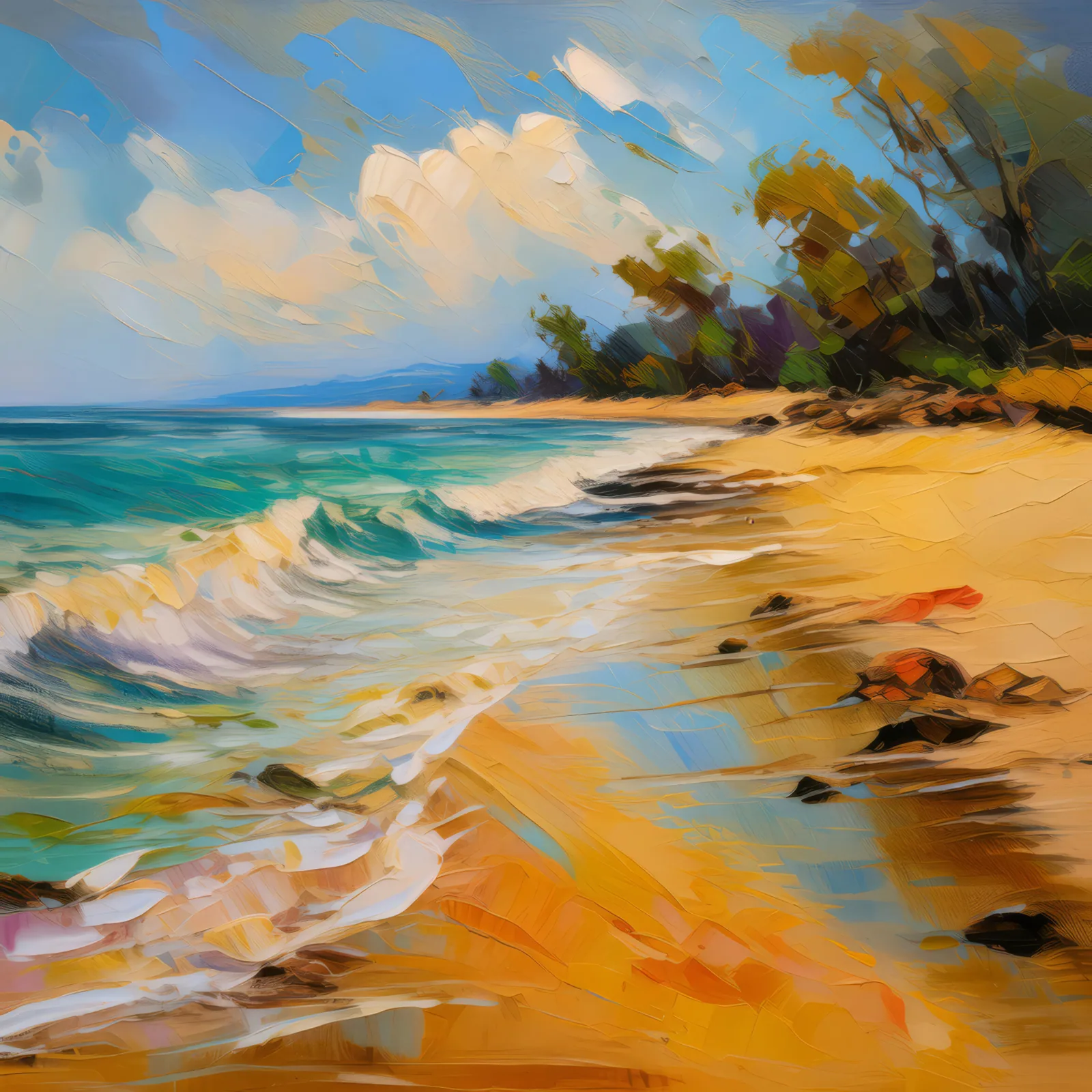 Deserted Beach, a palette-knife oil landscape by Emma Mickelberg