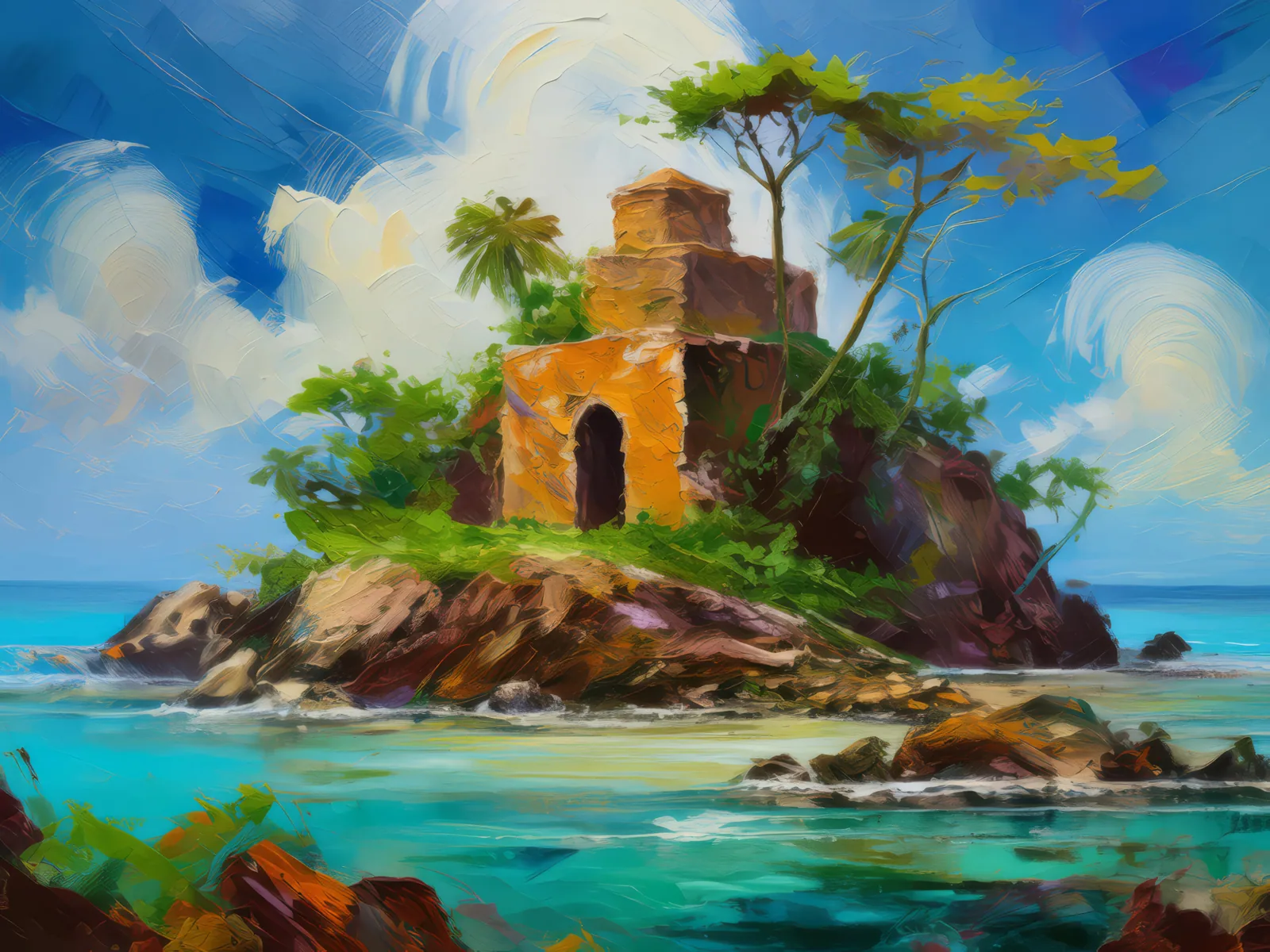 Deserted Island Mystery, a palette-knife oil landscape by Emma Mickelberg