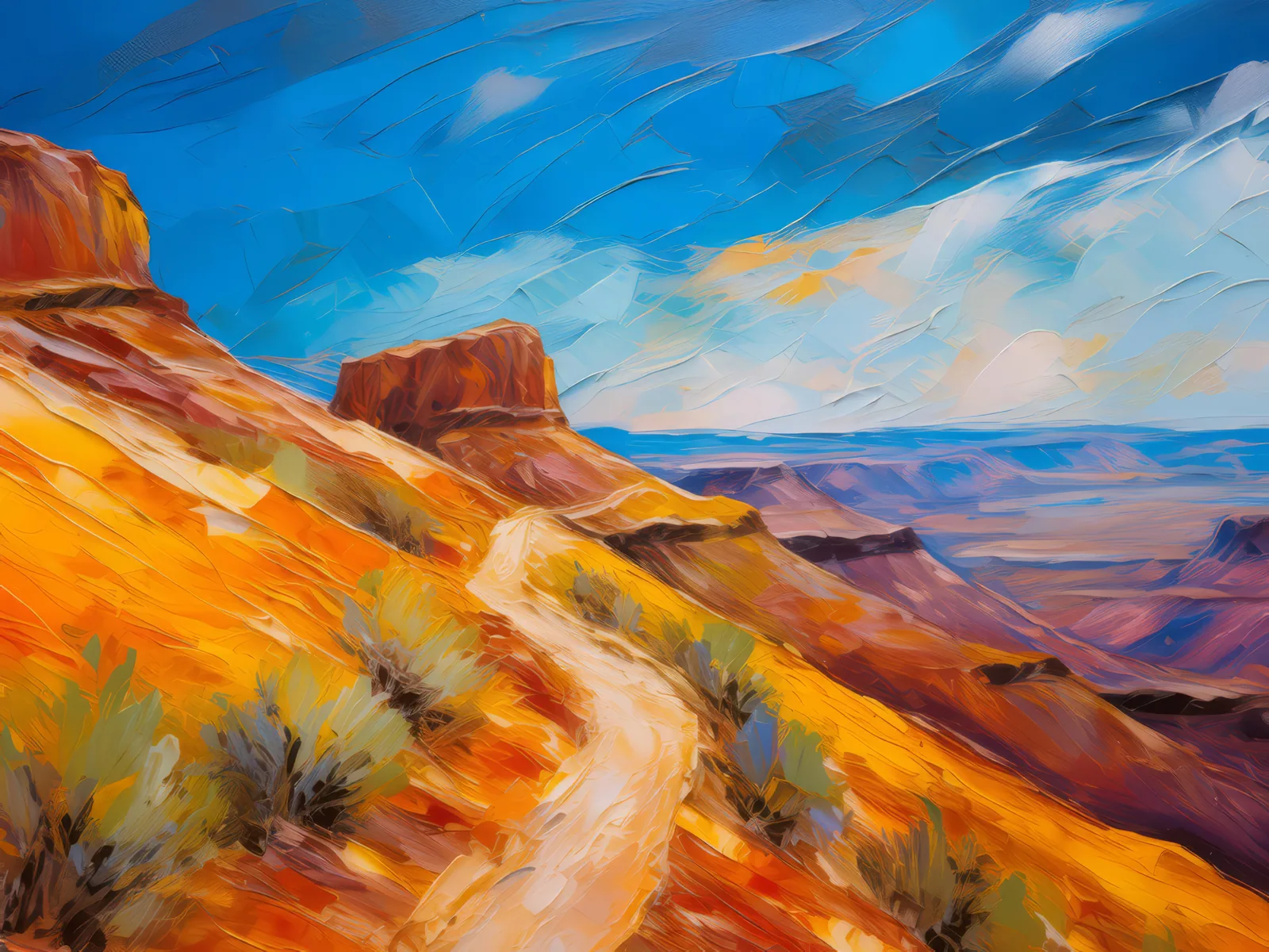 Deserted Mesa Trail, a palette-knife oil landscape by Emma Mickelberg