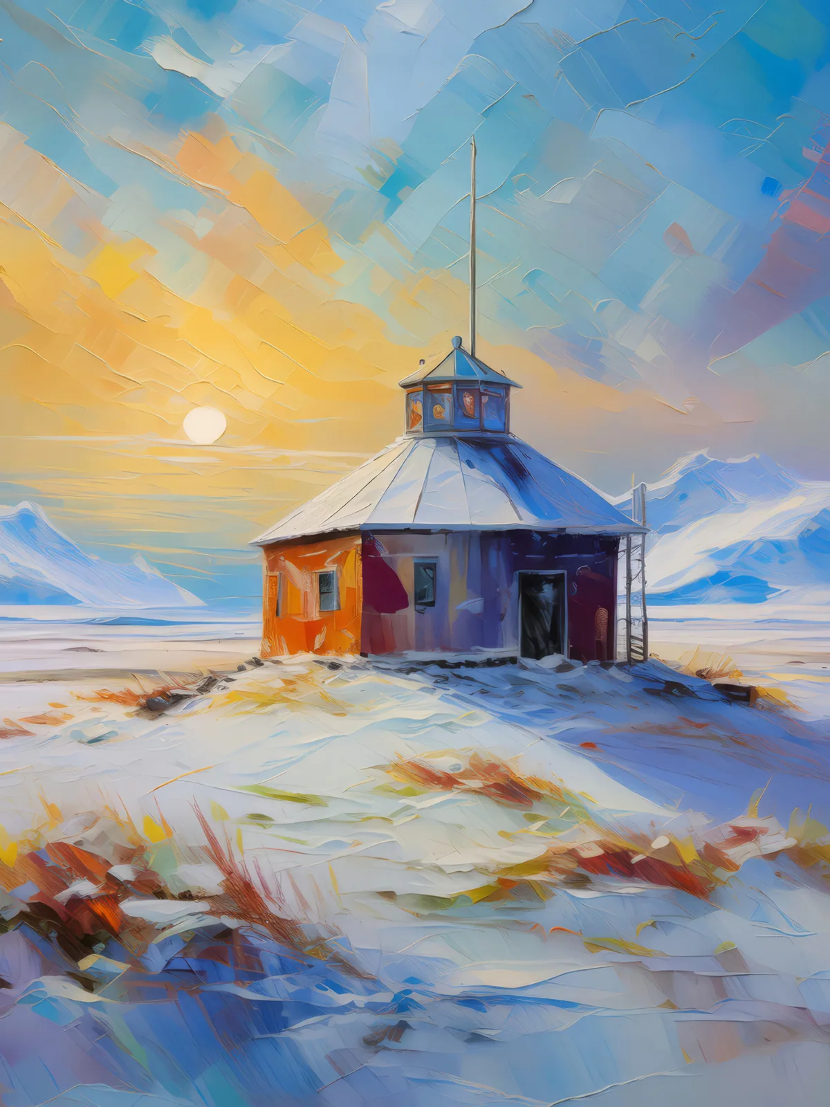 Deserted Polar Station, a palette-knife oil landscape by Emma Mickelberg