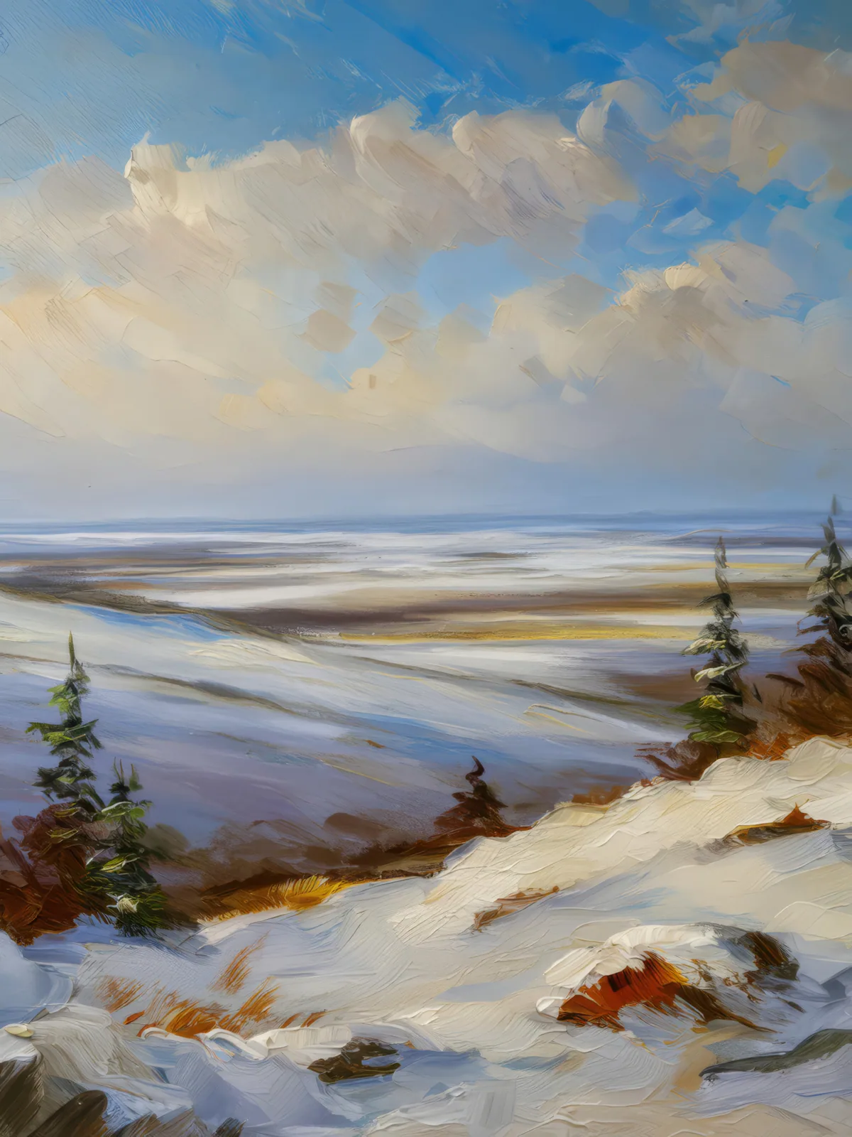 Desolate Boreal Desert Scene, a palette-knife oil landscape by Emma Mickelberg