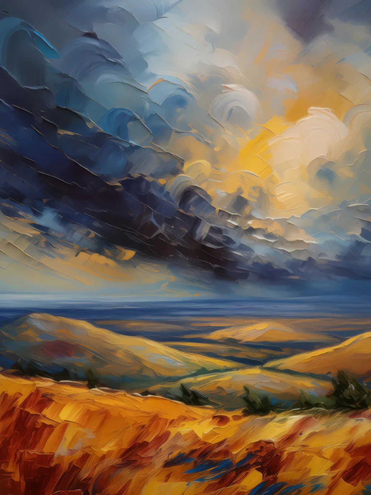 Dramatic Plateau Storm Clouds, a palette-knife oil landscape by Emma Mickelberg