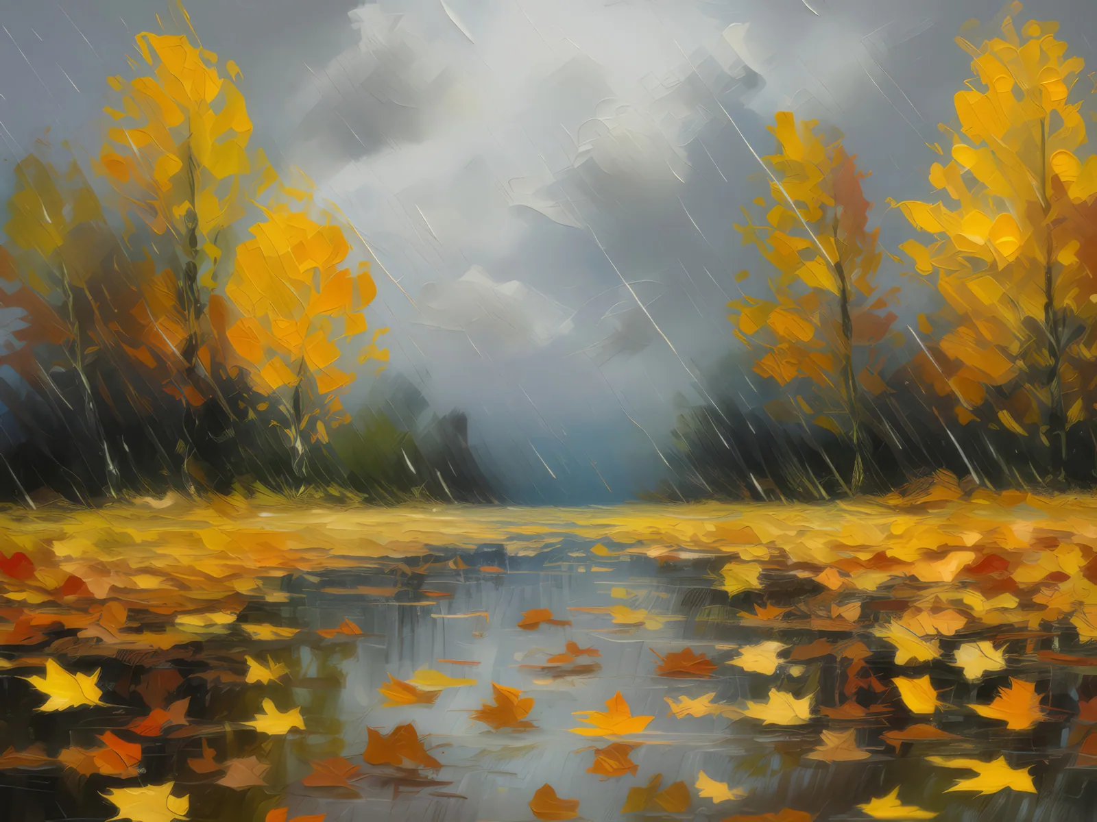 Drizzly Autumn Afternoon, a palette-knife oil landscape by Emma Mickelberg