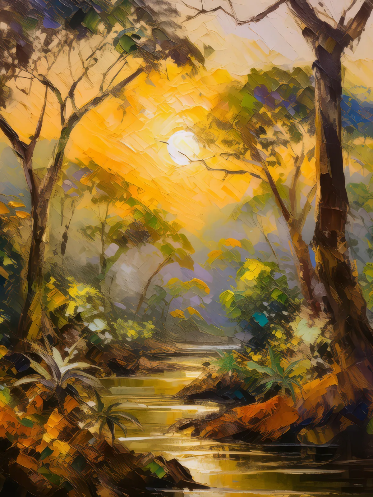 Dry Forest Canopy Sunrise, a palette-knife oil landscape by Emma Mickelberg