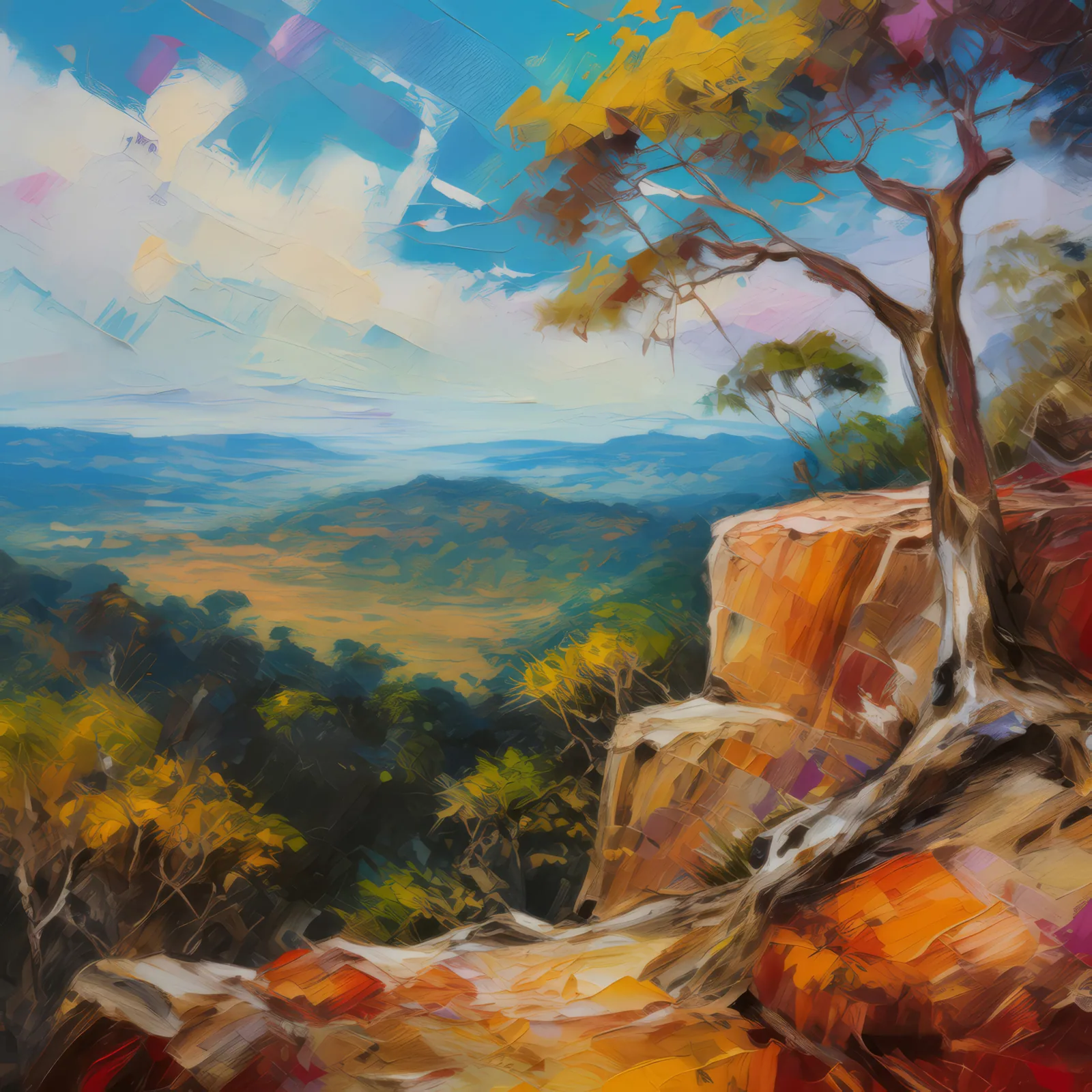 Dry Forest Cliffside View, a palette-knife oil landscape by Emma Mickelberg